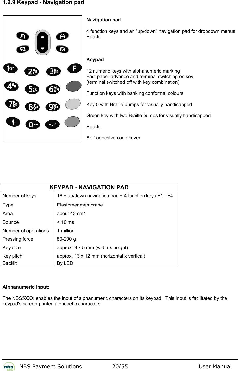           NBS Payment Solutions  20/55                                 User Manual 1.2.9 Keypad - Navigation pad  Navigation pad  4 function keys and an &quot;up/down&quot; navigation pad for dropdown menus Backlit  Keypad  12 numeric keys with alphanumeric marking  Fast paper advance and terminal switching on key   (terminal switched off with key combination)   Function keys with banking conformal colours  Key 5 with Braille bumps for visually handicapped  Green key with two Braille bumps for visually handicapped  Backlit  Self-adhesive code cover     KEYPAD - NAVIGATION PAD Number of keys   16 + up/down navigation pad + 4 function keys F1 - F4  Type   Elastomer membrane  Area   about 43 cm2  Bounce   &lt; 10 ms  Number of operations   1 million  Pressing force   80-200 g  Key size   approx. 9 x 5 mm (width x height)  Key pitch   approx. 13 x 12 mm (horizontal x vertical)  Backlit   By LED    Alphanumeric input:  The NBS5XXX enables the input of alphanumeric characters on its keypad.  This input is facilitated by the keypad&apos;s screen-printed alphabetic characters.   