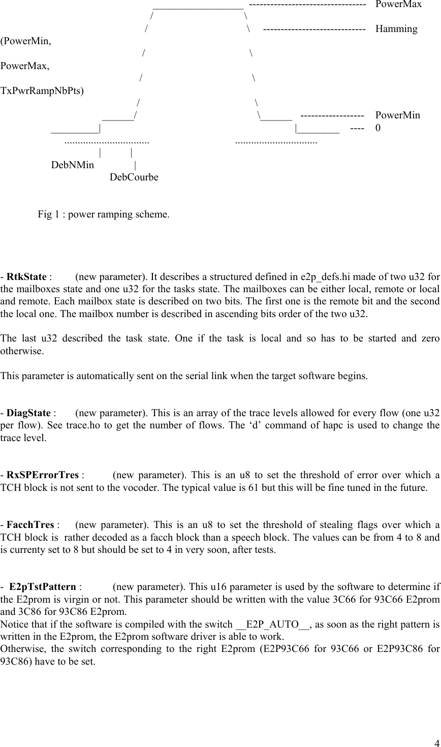        _________________  --------------------------------- PowerMax     /         \                       /             \  -----------------------------  Hamming (PowerMin,                     /               \                PowerMax,                 /                \                TxPwrRampNbPts)                /                 \                 ______/                  \______  ------------------  PowerMin                    _________|                      |________    ----  0                         ................................                                ...............................                                       |           |        DebNMin               |                                               DebCourbe     Fig 1 : power ramping scheme.     - RtkState :   (new parameter). It describes a structured defined in e2p_defs.hi made of two u32 for the mailboxes state and one u32 for the tasks state. The mailboxes can be either local, remote or local and remote. Each mailbox state is described on two bits. The first one is the remote bit and the second the local one. The mailbox number is described in ascending bits order of the two u32.  The last u32 described the task state. One if the task is local and so has to be started and zero otherwise.  This parameter is automatically sent on the serial link when the target software begins.   - DiagState :   (new parameter). This is an array of the trace levels allowed for every flow (one u32 per flow). See trace.ho to get the number of flows. The ‘d’ command of hapc is used to change the trace level.    - RxSPErrorTres :   (new parameter). This is an u8 to set the threshold of error over which a TCH block is not sent to the vocoder. The typical value is 61 but this will be fine tuned in the future.   - FacchTres :   (new parameter). This is an u8 to set the threshold of stealing flags over which a TCH block is  rather decoded as a facch block than a speech block. The values can be from 4 to 8 and is currenty set to 8 but should be set to 4 in very soon, after tests.   -  E2pTstPattern :   (new parameter). This u16 parameter is used by the software to determine if the E2prom is virgin or not. This parameter should be written with the value 3C66 for 93C66 E2prom and 3C86 for 93C86 E2prom.  Notice that if the software is compiled with the switch __E2P_AUTO__, as soon as the right pattern is written in the E2prom, the E2prom software driver is able to work. Otherwise, the switch corresponding to the right E2prom (E2P93C66 for 93C66 or E2P93C86 for 93C86) have to be set.   4