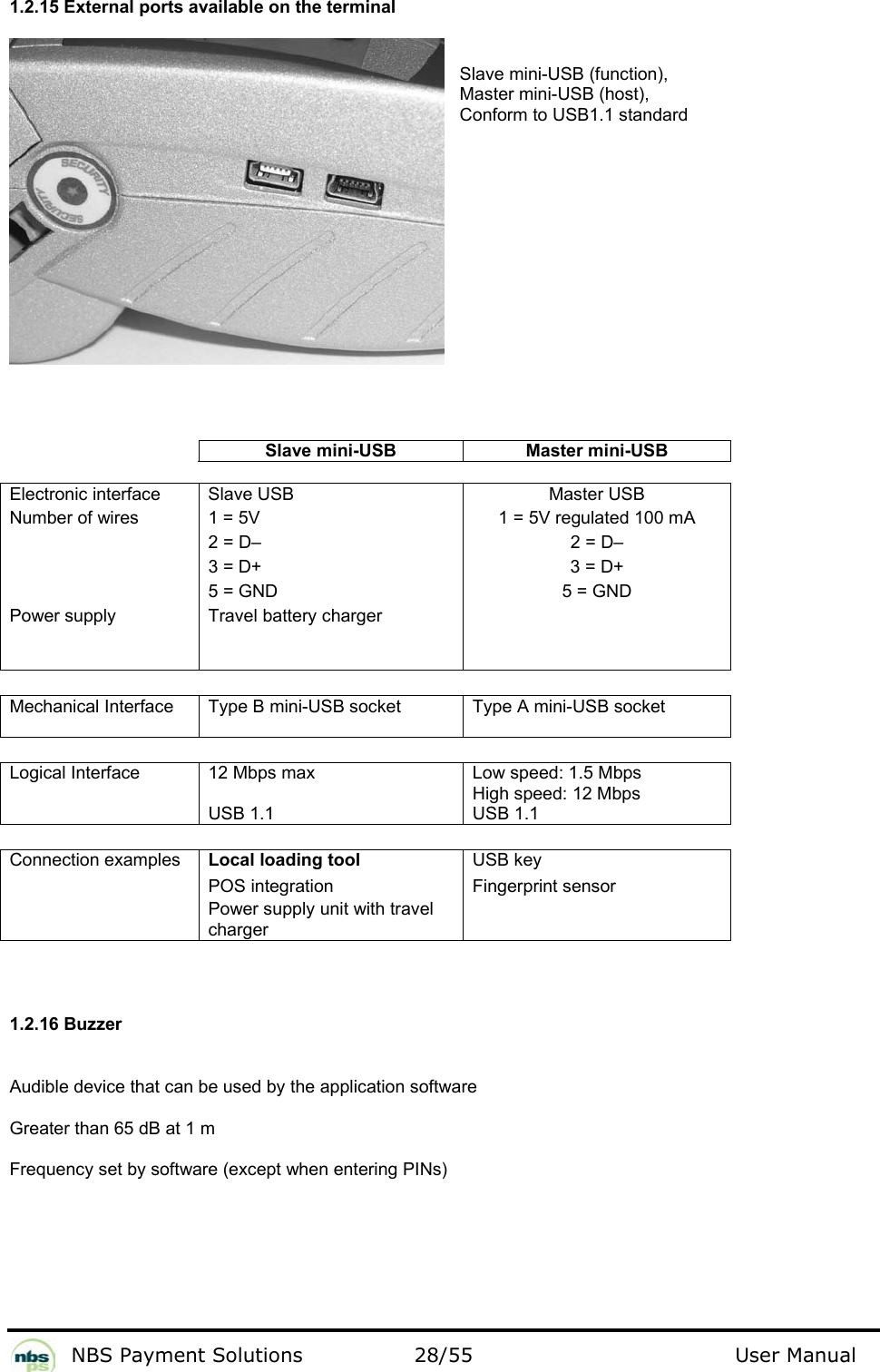           NBS Payment Solutions  28/55                                 User Manual 1.2.15 External ports available on the terminal   Slave mini-USB (function),    Master mini-USB (host),    Conform to USB1.1 standard                Slave mini-USB  Master mini-USB     Electronic interface   Slave USB   Master USB  Number of wires   1 = 5V   1 = 5V regulated 100 mA   2 = D–   2 = D–   3 = D+   3 = D+   5 = GND   5 = GND  Power supply   Travel battery charger        Mechanical Interface  Type B mini-USB socket  Type A mini-USB socket     Logical Interface  12 Mbps max  USB 1.1 Low speed: 1.5 Mbps High speed: 12 Mbps USB 1.1     Connection examples    Local loading tool  USB key   POS integration   Fingerprint sensor   Power supply unit with travel charger       1.2.16 Buzzer  Audible device that can be used by the application software   Greater than 65 dB at 1 m   Frequency set by software (except when entering PINs)     