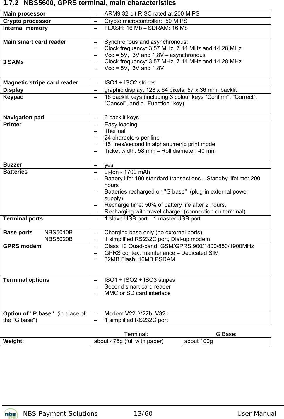           NBS Payment Solutions  13/60                                 User Manual   1.7.2  NBS5600, GPRS terminal, main characteristics  Main processor  –  ARM9 32-bit RISC rated at 200 MIPS  Crypto processor   –  Crypto microcontroller:  50 MIPS  Internal memory  – FLASH: 16 Mb – SDRAM: 16 Mb  Main smart card reader   3 SAMs  –  Synchronous and asynchronous;   –  Clock frequency: 3.57 MHz, 7.14 MHz and 14.28 MHz  –  Vcc = 5V,  3V and 1.8V – asynchronous  –  Clock frequency: 3.57 MHz, 7.14 MHz and 14.28 MHz  –  Vcc = 5V,  3V and 1.8V  Magnetic stripe card reader  –  ISO1 + ISO2 stripes  Display  –  graphic display, 128 x 64 pixels, 57 x 36 mm, backlit  Keypad  –  16 backlit keys (including 3 colour keys &quot;Confirm&quot;, &quot;Correct&quot;, &quot;Cancel&quot;, and a &quot;Function&quot; key)  Navigation pad  – 6 backlit keys  Printer  – Easy loading  – Thermal  –  24 characters per line  –  15 lines/second in alphanumeric print mode  – Ticket width: 58 mm – Roll diameter: 40 mm  Buzzer  – yes  Batteries   –  Li-Ion - 1700 mAh  –  Battery life: 180 standard transactions – Standby lifetime: 200 hours  –  Batteries recharged on &quot;G base&quot;  (plug-in external power supply)   –  Recharge time: 50% of battery life after 2 hours.   –  Recharging with travel charger (connection on terminal)  Terminal ports  – 1 slave USB port – 1 master USB port  Base ports   NBS5010B   NBS5020B  –  Charging base only (no external ports) –  1 simplified RS232C port, Dial-up modem  GPRS modem  –  Class 10 Quad-band: GSM/GPRS 900/1800/850/1900MHz – GPRS context maintenance – Dedicated SIM  –  32MB Flash, 16MB PSRAM Terminal options  –  ISO1 + ISO2 + ISO3 stripes  –  Second smart card reader  –  MMC or SD card interface   Option of &quot;P base&quot;  (in place of the &quot;G base&quot;)  –  Modem V22, V22b, V32b   –  1 simplified RS232C port   Terminal: G Base: Weight:  about 475g (full with paper)  about 100g   