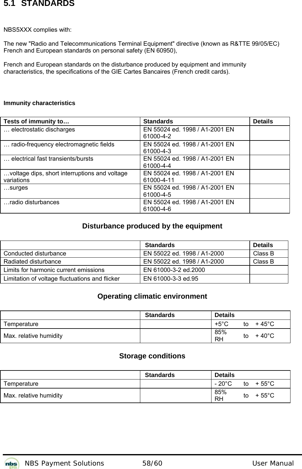           NBS Payment Solutions  58/60                                 User Manual 5.1 STANDARDS  NBS5XXX complies with:   The new &quot;Radio and Telecommunications Terminal Equipment&quot; directive (known as R&amp;TTE 99/05/EC)    French and European standards on personal safety (EN 60950),  French and European standards on the disturbance produced by equipment and immunity  characteristics, the specifications of the GIE Cartes Bancaires (French credit cards).   Immunity characteristics  Tests of immunity to…  Standards  Details  … electrostatic discharges   EN 55024 ed. 1998 / A1-2001 EN 61000-4-2       … radio-frequency electromagnetic fields   EN 55024 ed. 1998 / A1-2001 EN 61000-4-3       … electrical fast transients/bursts   EN 55024 ed. 1998 / A1-2001 EN 61000-4-4       …voltage dips, short interruptions and voltage variations  EN 55024 ed. 1998 / A1-2001 EN 61000-4-11       …surges    EN 55024 ed. 1998 / A1-2001 EN 61000-4-5    …radio disturbances   EN 55024 ed. 1998 / A1-2001 EN 61000-4-6     Disturbance produced by the equipment    Standards  Details  Conducted disturbance   EN 55022 ed. 1998 / A1-2000   Class B  Radiated disturbance   EN 55022 ed. 1998 / A1-2000   Class B  Limits for harmonic current emissions   EN 61000-3-2 ed.2000    Limitation of voltage fluctuations and flicker    EN 61000-3-3 ed.95     Operating climatic environment    Standards  Details    Temperature     +5°C   to   + 45°C  Max. relative humidity    85% RH   to   + 40°C   Storage conditions    Standards  Details    Temperature    - 20°C   to   + 55°C  Max. relative humidity    85% RH   to   + 55°C    