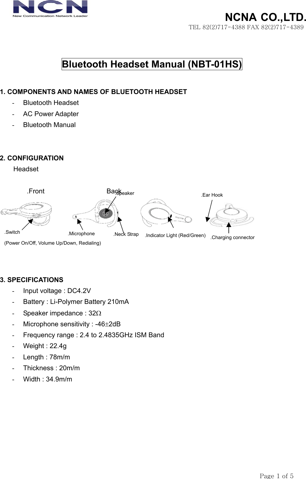 Array - ncna ncn040220 bluetooth headset user manual manual nbt 01hs rh  usermanual