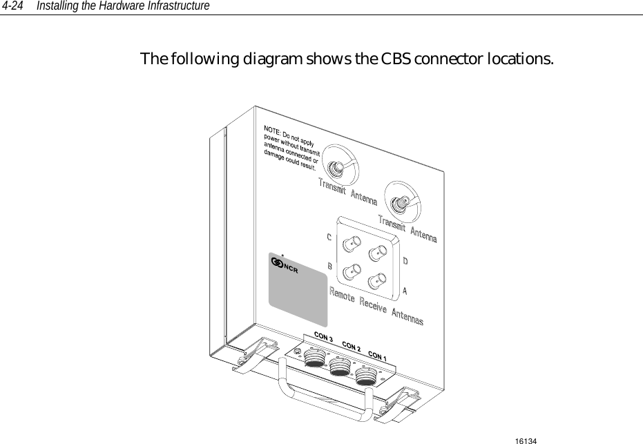 4-24 Installing the Hardware InfrastructureThe following diagram shows the CBS connector locations.16134