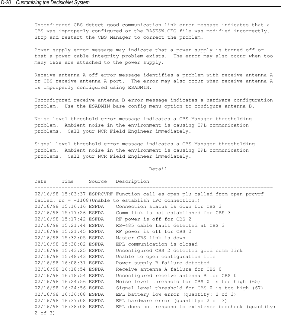 D-20 Customizing the DecisioNet SystemUnconfigured CBS detect good communication link error message indicates that aCBS was improperly configured or the BASESW.CFG file was modified incorrectly.Stop and restart the CBS Manager to correct the problem.Power supply error message may indicate that a power supply is turned off orthat a power cable integrity problem exists. The error may also occur when toomany CBSs are attached to the power supply.Receive antenna A off error message identifies a problem with receive antenna Aor CBS receive antenna A port. The error may also occur when receive antenna Ais improperly configured using ESADMIN.Unconfigured receive antenna B error message indicates a hardware configurationproblem. Use the ESADMIN base config menu option to configure antenna B.Noise level threshold error message indicates a CBS Manager thresholdingproblem. Ambient noise in the environment is causing EPL communicationproblems. Call your NCR Field Engineer immediately.Signal level threshold error message indicates a CBS Manager thresholdingproblem. Ambient noise in the environment is causing EPL communicationproblems. Call your NCR Field Engineer immediately.DetailDate Time Source Description-------------------------------------------------------------------------------02/16/98 15:03:37 ESPRCVRF Function call es_open_plu called from open_prcvrffailed. rc = -1108(Unable to establish IPC connection.)02/16/98 15:16:16 ESFDA Connection status is down for CBS 302/16/98 15:17:26 ESFDA Comm link is not established for CBS 302/16/98 15:17:42 ESFDA RF power is off for CBS 202/16/98 15:21:44 ESFDA RS-485 cable fault detected at CBS 302/16/98 15:21:45 ESFDA RF power is off for CBS 202/16/98 15:32:05 ESFDA Master CBS link is down02/16/98 15:38:02 ESFDA EPL communication is closed02/16/98 15:43:25 ESFDA Unconfigured CBS 2 detected good comm link02/16/98 15:48:43 ESFDA Unable to open configuration file02/16/98 16:08:31 ESFDA Power supply B failure detected02/16/98 16:18:54 ESFDA Receive antenna A failure for CBS 002/16/98 16:18:54 ESFDA Unconfigured receive antenna B for CBS 002/16/98 16:24:56 ESFDA Noise level threshold for CBS 0 is too high (65)02/16/98 16:24:56 ESFDA Signal level threshold for CBS 0 is too high (67)02/16/98 16:36:08 ESFDA EPL battery low error (quantity: 2 of 3)02/16/98 16:37:08 ESFDA EPL hardware error (quantity: 2 of 3)02/16/98 16:38:08 ESFDA EPL does not respond to existence bedcheck (quantity:2of3)