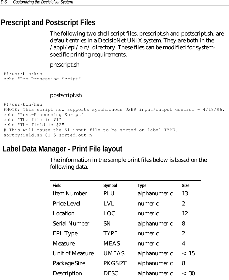 D-6 Customizing the DecisioNet SystemPrescript and Postscript FilesThe following two shell script files, prescript.sh and postscript.sh, aredefault entries in a DecisioNet UNIX system. They are both in the/appl/epl/bin/ directory. These files can be modified for system-specific printing requirements.prescript.sh#!/usr/bin/kshecho &quot;Pre-Prosessing Script&quot;postscript.sh#!/usr/bin/ksh#NOTE: This script now supports synchronous USER input/output control - 4/18/96.echo &quot;Post-Processing Script&quot;echo &quot;The file is $1&quot;echo &quot;The field is $2&quot;# This will cause the $1 input file to be sorted on label TYPE.sortbyfield.sh $1 5 sorted.out n Label Data Manager - Print File layoutThe information in the sample print files below is based on thefollowing data.Field Symbol Type SizeItem Number PLU alphanumeric 13Price Level LVL numeric 2Location LOC numeric 12Serial Number SN alphanumeric 8EPL Type TYPE numeric 2Measure MEAS numeric 4Unit of Measure UMEAS alphanumeric &lt;=15Package Size PKGSIZE alphanumeric 8Description DESC alphanumeric &lt;=30