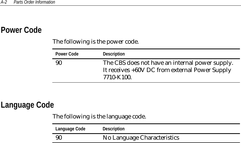 A-2 Parts Order InformationPower CodeThe following is the power code.Power Code Description90 The CBS does not have an internal power supply.It receives +60V DC from external Power Supply7710-K100.Language CodeThe following is the language code.Language Code Description90 No Language Characteristics