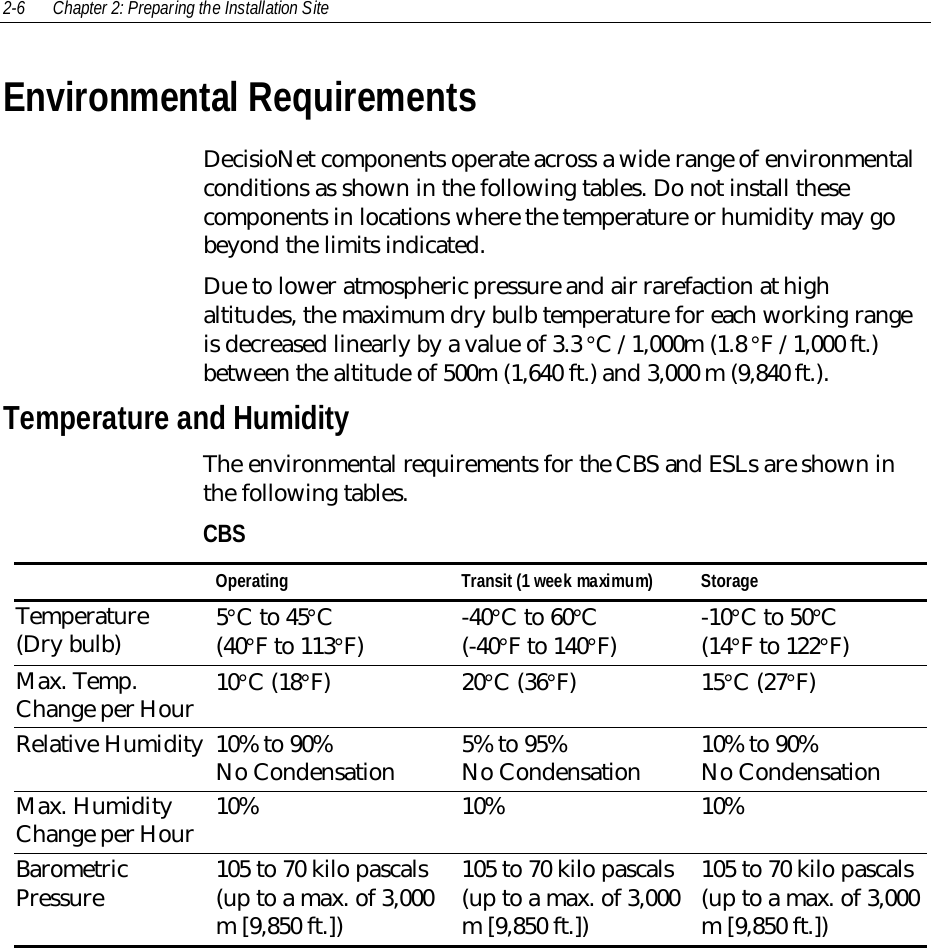 2-6 Chapter 2: Preparing the Installation SiteEnvironmental RequirementsDecisioNet components operate across a wide range of environmentalconditions as shown in the following tables. Do not install thesecomponents in locations where the temperature or humidity may gobeyond the limits indicated.Due to lower atmospheric pressure and air rarefaction at highaltitudes, the maximum dry bulb temperature for each working rangeis decreased linearly by a value of 3.3 °C /1,000m (1.8 °F /1,000 ft.)between the altitude of 500m (1,640 ft.) and 3,000 m (9,840 ft.).Temperature and HumidityThe environmental requirements for the CBS and ESLs are shown inthe following tables.CBSOperating Transit (1 week maximum) StorageTemperature(Dry bulb) 5°C to 45°C(40°F to 113°F) -40°C to 60°C(-40°F to 140°F) -10°C to 50°C(14°F to 122°F)Max. Temp.Change per Hour 10°C (18°F) 20°C (36°F) 15°C (27°F)Relative Humidity 10% to 90%No Condensation 5% to 95%No Condensation 10% to 90%No CondensationMax. HumidityChange per Hour 10% 10% 10%BarometricPressure 105 to 70 kilo pascals(up to a max. of 3,000m [9,850 ft.])105 to 70 kilo pascals(up to a max. of 3,000m [9,850 ft.])105 to 70 kilo pascals(up to a max. of 3,000m [9,850 ft.])