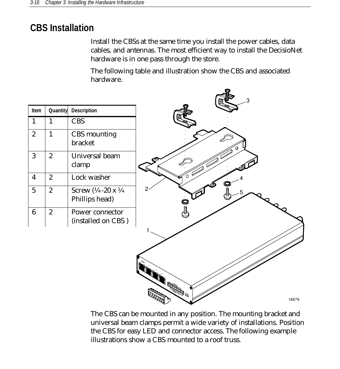 3-16 Chapter 3: Installing the Hardware InfrastructureCBS InstallationInstall the CBSs at the same time you install the power cables, datacables, and antennas. The most efficient way to install the DecisioNethardware is in one pass through the store.The following table and illustration show the CBS and associatedhardware.1887921453The CBS can be mounted in any position. The mounting bracket anduniversal beam clamps permit a wide variety of installations. Positionthe CBS for easy LED and connector access. The following exampleillustrations show a CBS mounted to a roof truss.Item Quantity Description11 CBS21 CBS mountingbracket3 2 Universal beamclamp42 Lock washer5 2 Screw (¼ -20 x ¼Phillips head)62 Power connector(installed on CBS )