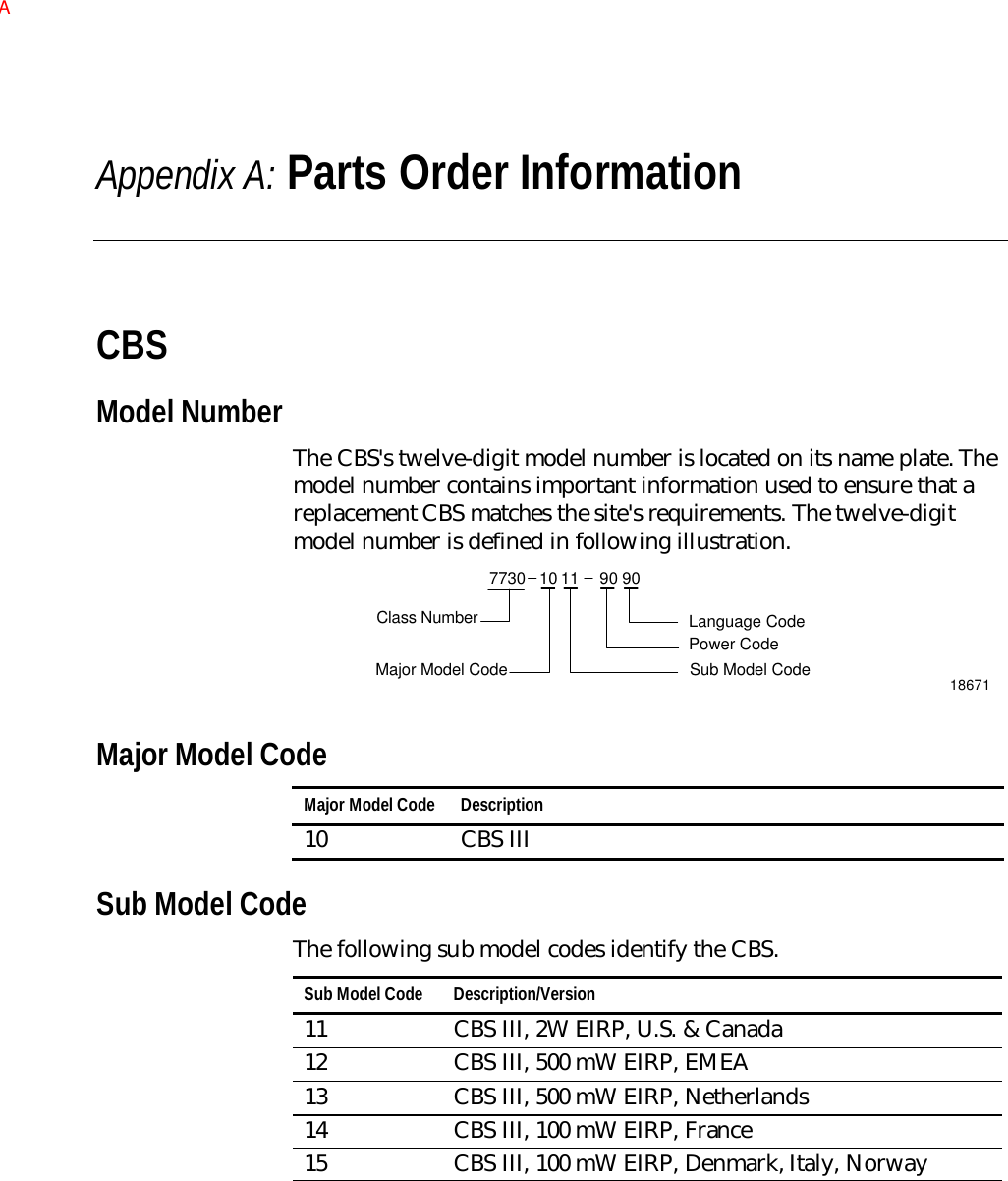 Appendix A: Parts Order InformationCBSModel NumberThe CBS&apos;s twelve-digit model number is located on its name plate. Themodel number contains important information used to ensure that areplacement CBS matches the site&apos;s requirements. The twelve-digitmodel number is defined in following illustration.7730 10 90 9011Language CodeMajor Model CodeClass NumberSub Model CodePower Code18671Major Model CodeMajor Model Code Description10 CBS IIISub Model CodeThe following sub model codes identify the CBS.Sub Model Code Description/Version11 CBS III, 2W EIRP, U.S. &amp; Canada12 CBS III, 500 mW EIRP, EMEA13 CBS III, 500 mW EIRP, Netherlands14 CBS III, 100 mW EIRP, France15 CBS III, 100 mW EIRP, Denmark, Italy, NorwayA