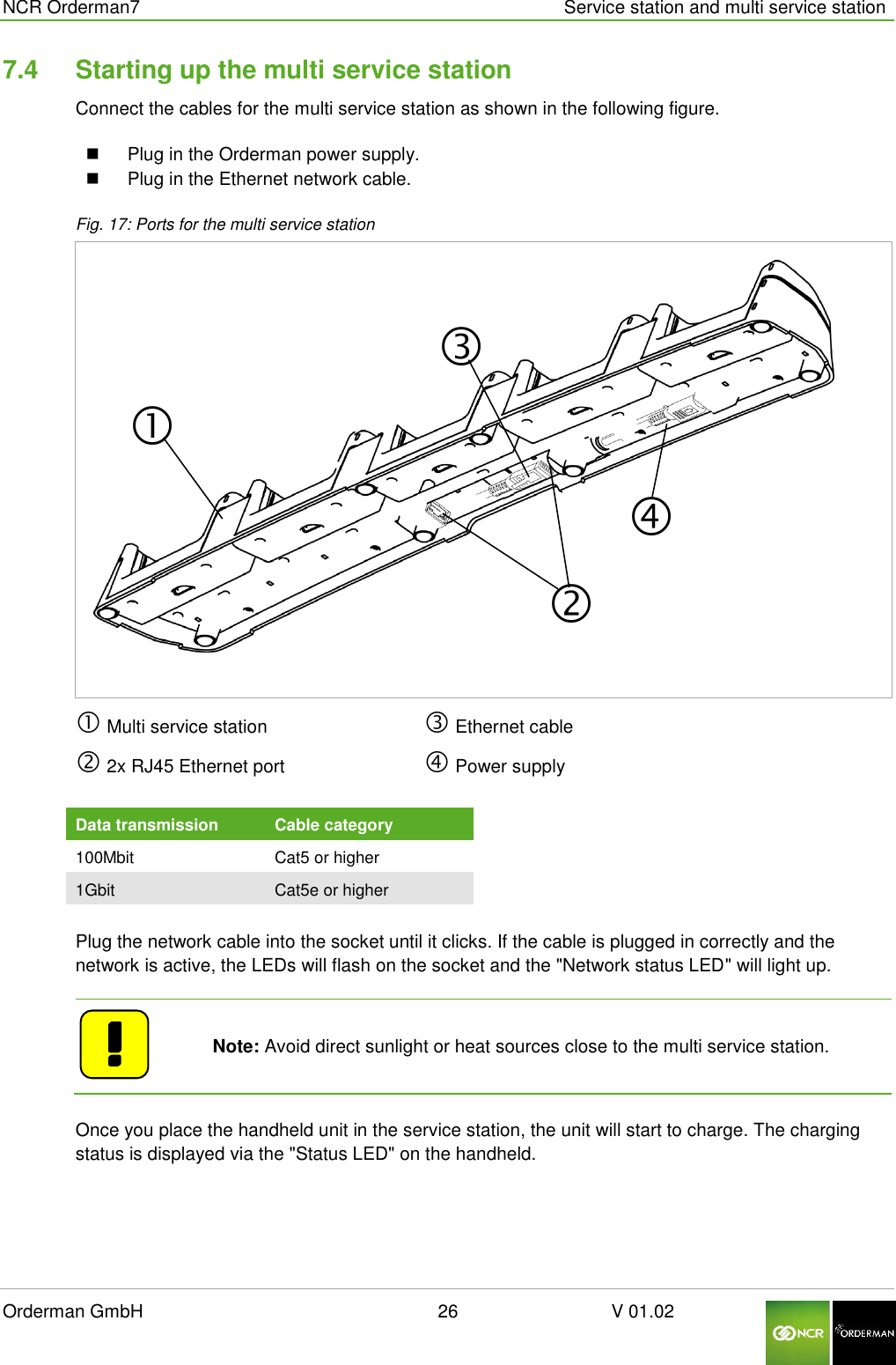  NCR Orderman7      Service station and multi service station Orderman GmbH                                                        26                              V 01.02     7.4  Starting up the multi service station Connect the cables for the multi service station as shown in the following figure.   Plug in the Orderman power supply.   Plug in the Ethernet network cable. Fig. 17: Ports for the multi service station   Multi service station  2x RJ45 Ethernet port   Ethernet cable   Power supply  Data transmission Cable category 100Mbit Cat5 or higher 1Gbit Cat5e or higher  Plug the network cable into the socket until it clicks. If the cable is plugged in correctly and the network is active, the LEDs will flash on the socket and the &quot;Network status LED&quot; will light up.    Note: Avoid direct sunlight or heat sources close to the multi service station.  Once you place the handheld unit in the service station, the unit will start to charge. The charging status is displayed via the &quot;Status LED&quot; on the handheld. 