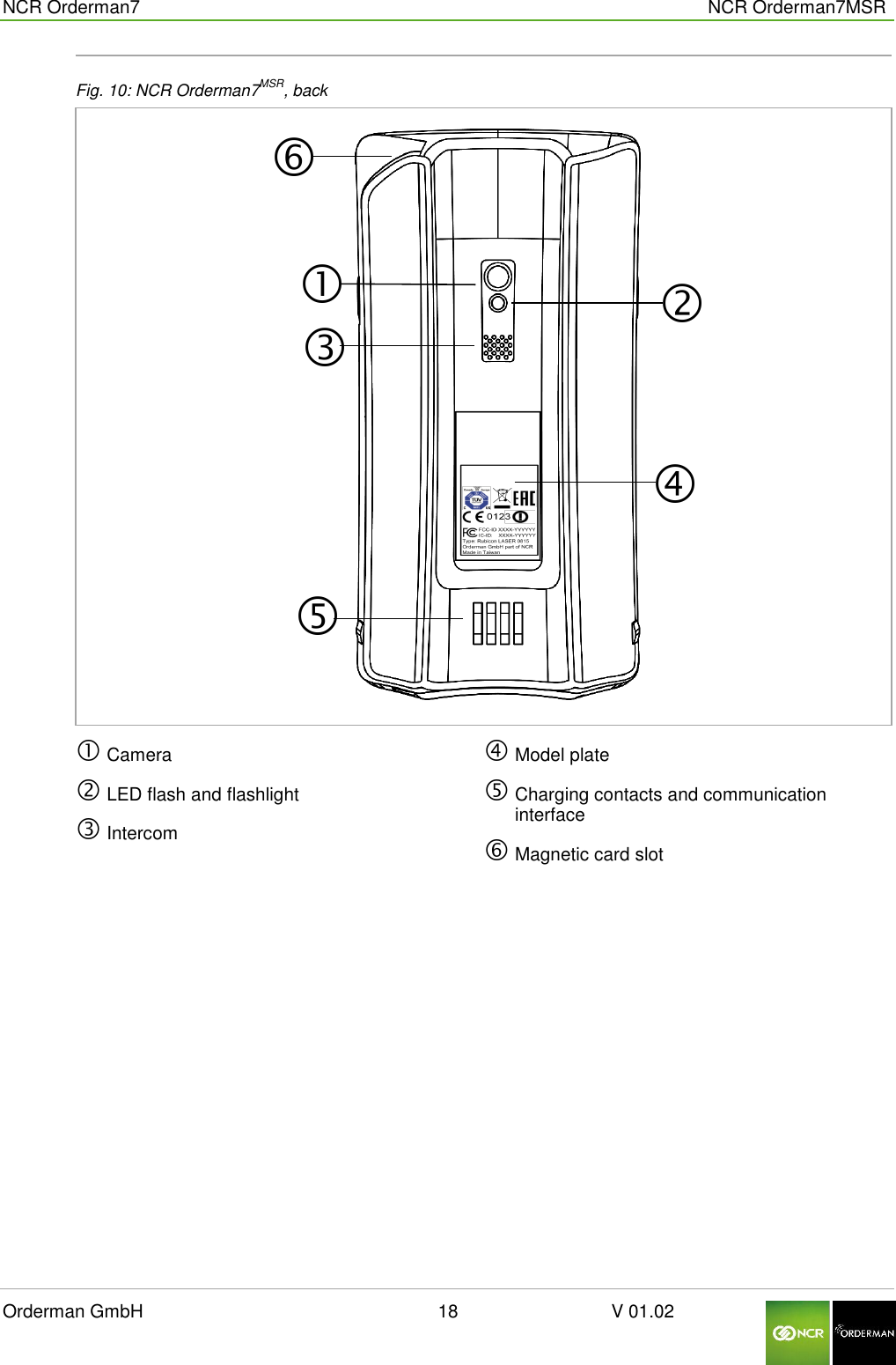  NCR Orderman7      NCR Orderman7MSR Orderman GmbH                                                        18                              V 01.02      Fig. 10: NCR Orderman7MSR, back   Camera  LED flash and flashlight  Intercom   Model plate  Charging contacts and communication interface  Magnetic card slot     