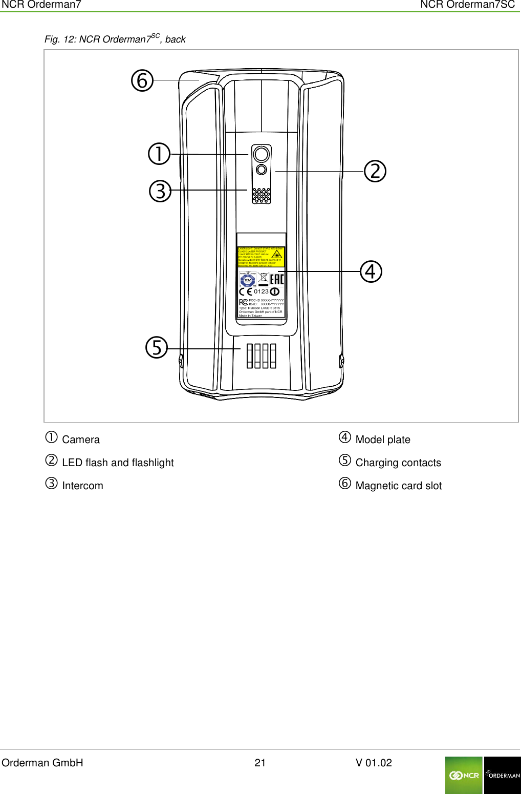  NCR Orderman7      NCR Orderman7SC Orderman GmbH                                                        21                              V 01.02     Fig. 12: NCR Orderman7SC, back   Camera  LED flash and flashlight  Intercom   Model plate  Charging contacts  Magnetic card slot   