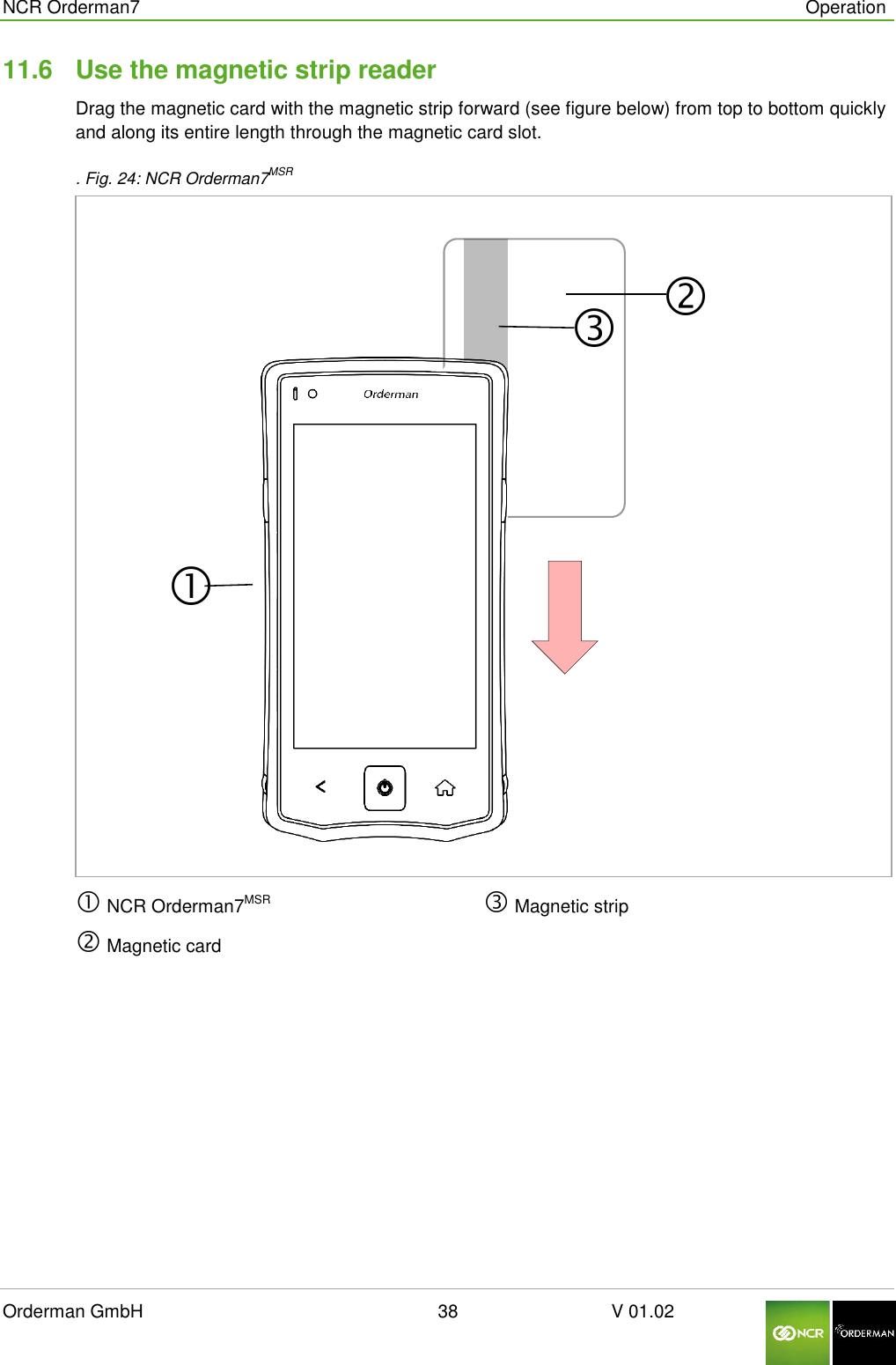  NCR Orderman7      Operation Orderman GmbH                                                        38                              V 01.02     11.6  Use the magnetic strip reader Drag the magnetic card with the magnetic strip forward (see figure below) from top to bottom quickly and along its entire length through the magnetic card slot. . Fig. 24: NCR Orderman7MSR   NCR Orderman7MSR  Magnetic card  Magnetic strip    