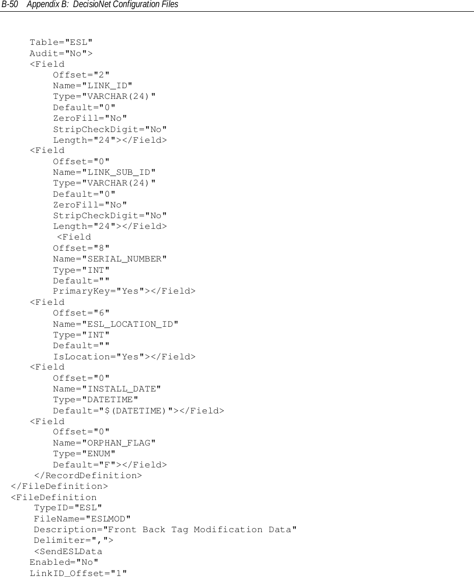 B-50 Appendix B:  DecisioNet Configuration FilesTable=&quot;ESL&quot;Audit=&quot;No&quot;&gt;&lt;Field    Offset=&quot;2&quot;    Name=&quot;LINK_ID&quot;    Type=&quot;VARCHAR(24)&quot;    Default=&quot;0&quot;    ZeroFill=&quot;No&quot;    StripCheckDigit=&quot;No&quot;    Length=&quot;24&quot;&gt;&lt;/Field&gt;&lt;Field    Offset=&quot;0&quot;    Name=&quot;LINK_SUB_ID&quot;    Type=&quot;VARCHAR(24)&quot;    Default=&quot;0&quot;    ZeroFill=&quot;No&quot;    StripCheckDigit=&quot;No&quot;    Length=&quot;24&quot;&gt;&lt;/Field&gt;        &lt;Field    Offset=&quot;8&quot;    Name=&quot;SERIAL_NUMBER&quot;    Type=&quot;INT&quot;    Default=&quot;&quot;    PrimaryKey=&quot;Yes&quot;&gt;&lt;/Field&gt;&lt;Field    Offset=&quot;6&quot;    Name=&quot;ESL_LOCATION_ID&quot;    Type=&quot;INT&quot;    Default=&quot;&quot;    IsLocation=&quot;Yes&quot;&gt;&lt;/Field&gt;&lt;Field    Offset=&quot;0&quot;    Name=&quot;INSTALL_DATE&quot;    Type=&quot;DATETIME&quot;    Default=&quot;$(DATETIME)&quot;&gt;&lt;/Field&gt;&lt;Field    Offset=&quot;0&quot;    Name=&quot;ORPHAN_FLAG&quot;    Type=&quot;ENUM&quot;    Default=&quot;F&quot;&gt;&lt;/Field&gt;    &lt;/RecordDefinition&gt;&lt;/FileDefinition&gt;&lt;FileDefinition    TypeID=&quot;ESL&quot;    FileName=&quot;ESLMOD&quot;    Description=&quot;Front Back Tag Modification Data&quot;    Delimiter=&quot;,&quot;&gt;    &lt;SendESLDataEnabled=&quot;No&quot;LinkID_Offset=&quot;1&quot;
