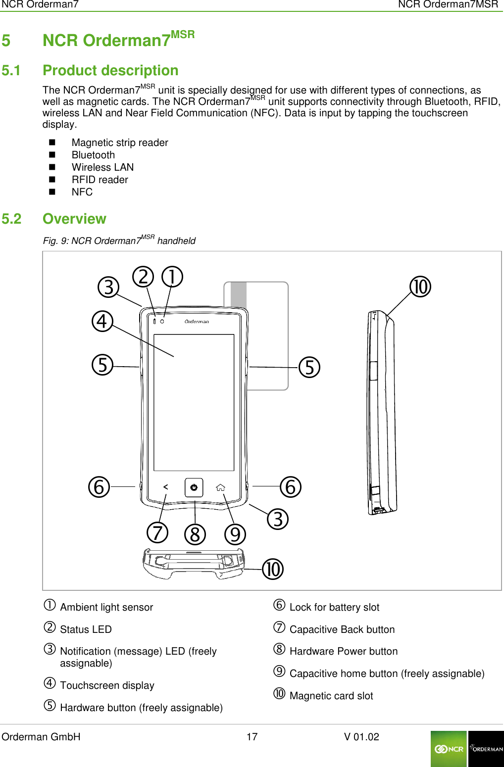  NCR Orderman7      NCR Orderman7MSR Orderman GmbH                                                        17                              V 01.02     5  NCR Orderman7MSR 5.1  Product description The NCR Orderman7MSR unit is specially designed for use with different types of connections, as well as magnetic cards. The NCR Orderman7MSR unit supports connectivity through Bluetooth, RFID, wireless LAN and Near Field Communication (NFC). Data is input by tapping the touchscreen display.    Magnetic strip reader   Bluetooth   Wireless LAN   RFID reader   NFC  5.2  Overview Fig. 9: NCR Orderman7MSR handheld    Ambient light sensor  Status LED  Notification (message) LED (freely assignable)   Touchscreen display  Hardware button (freely assignable)  Lock for battery slot  Capacitive Back button  Hardware Power button   Capacitive home button (freely assignable)  Magnetic card slot 