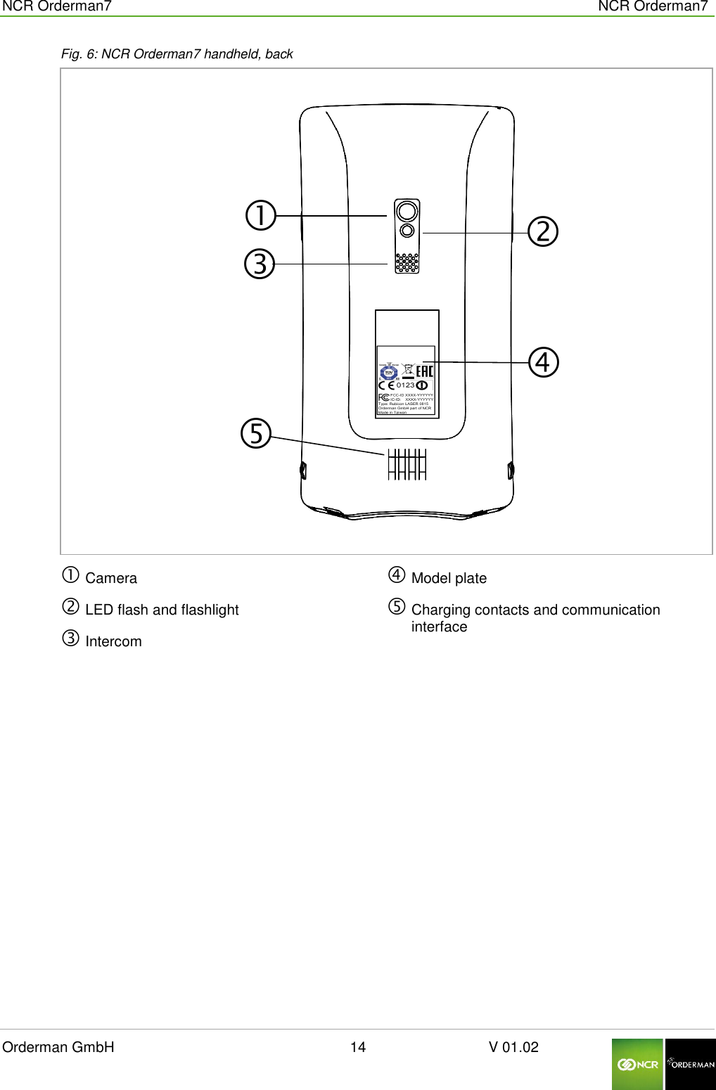  NCR Orderman7      NCR Orderman7 Orderman GmbH                                                        14                              V 01.02     Fig. 6: NCR Orderman7 handheld, back   Camera  LED flash and flashlight  Intercom   Model plate  Charging contacts and communication interface     