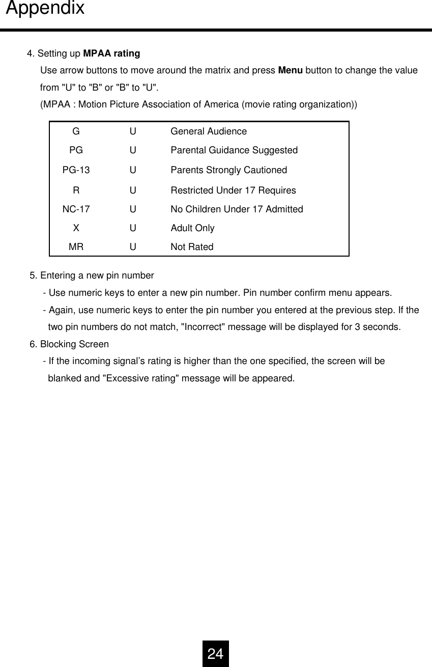Appendix4. Setting up MPAA ratingUse arrow buttons to move around the matrix and press Menu button to change the valuefrom "U" to "B" or "B" to "U".(MPAA : Motion Picture Association of America (movie rating organization))5. Entering a new pin number- Use numeric keys to enter a new pin number. Pin number confirm menu appears. - Again, use numeric keys to enter the pin number you entered at the previous step. If thetwo pin numbers do not match, "Incorrect" message will be displayed for 3 seconds.6. Blocking Screen- If the incoming signal&rsquo;s rating is higher than the one specified, the screen will be blanked and "Excessive rating" message will be appeared.Adult OnlyUXNot RatedUMRNo Children Under 17 AdmittedUNC-17Restricted Under 17 RequiresURParents Strongly CautionedUPG-13Parental Guidance SuggestedUPGGeneral AudienceUG24