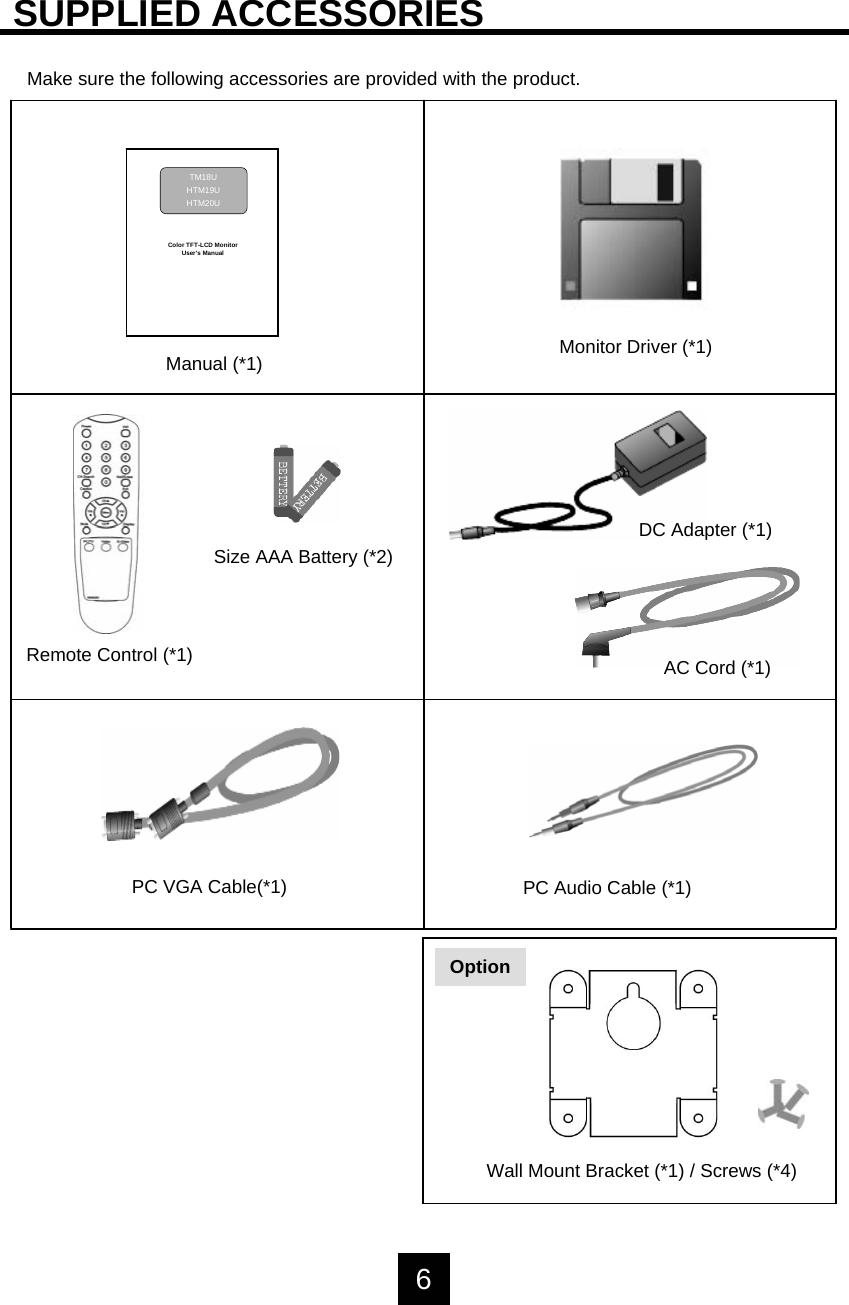 SUPPLIED ACCESSORIESMake sure the following accessories are provided with the product. Monitor Driver (*1)Manual (*1)DC Adapter (*1)AC Cord (*1)Size AAA Battery (*2)Remote Control (*1)PC VGA Cable(*1) PC Audio Cable (*1)OptionWall Mount Bracket (*1) / Screws (*4)Color TFT-LCD MonitorUser&rsquo;s ManualTM18UHTM19UHTM20U6