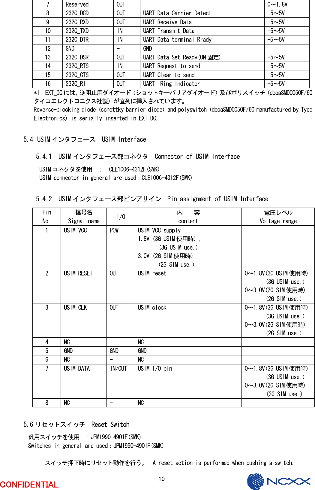  10  CONFIDENTIAL 7  Reserved  OUT    0～1.8V 8  232C_DCD  OUT  UART Data Carrier Detect  -5～5V 9  232C_RXD  OUT  UART Receive Data  -5～5V 10  232C_TXD  IN  UART Transmit Data  -5～5V 11  232C_DTR  IN  UART Data terminal Rrady  -5～5V 12  GND  -  GND   13  232C_DSR  OUT  UART Data Set Ready(ON 固定)  -5～5V 14  232C_RTS  IN  UART Request to send  -5～5V 15  232C_CTS  OUT  UART Clear to send  -5～5V 16  232C_RI  OUT  UART  Ring Indicator  -5～5V *1  EXT_DC には、逆阻止用ダイオード（ショットキーバリアダイオード）及びポリスイッチ（decaSMDC050F/60 タイコエレクトロニクス社製）が直列に挿入されています。 Reverse-blocking diode (schottky barrier diode) and polyswitch (decaSMDC050F/60 manufactured by Tyco Electronics) is serially inserted in EXT_DC.  5.4 USIM インタフェース  USIM Interface 5.4.1 USIM インタフェース部コネクタ  Connector of USIM Interface USIM コネクタを使用  ：  CLE1006-4312F(SMK) USIM connector in general are used：CLE1006-4312F(SMK)  5.4.2 USIM インタフェース部ピンアサイン  Pin assignment of USIM Interface Pin No. 信号名 Signal name  I/O  内    容 content 電圧レベル Voltage range 1  USIM_VCC  POW  USIM VCC supply   1.8V（3G USIM 使用時）， （3G USIM use.） 3.0V（2G SIM 使用時） （2G SIM use．）  2  USIM_RESET  OUT  USIM reset  0～1.8V(3G USIM 使用時) （3G USIM use.） 0～3.0V(2G SIM 使用時) （2G SIM use．） 3  USIM_CLK  OUT  USIM clock  0～1.8V(3G USIM 使用時) （3G USIM use.） 0～3.0V(2G SIM 使用時) （2G SIM use．） 4  NC  -  NC   5  GND  GND  GND   6  NC  -  NC   7  USIM_DATA  IN/OUT  USIM I/O pin  0～1.8V(3G USIM 使用時) （3G USIM use.） 0～3.0V(2G SIM 使用時) （2G SIM use．） 8  NC  -  NC    5.6 リセットスイッチ  Reset Switch 汎用スイッチを使用  ：JPM1990-4901F(SMK) Switches in general are used：JPM1990-4901F(SMK)  スイッチ押下時にリセット動作を行う。  A reset action is performed when pushing a switch. 