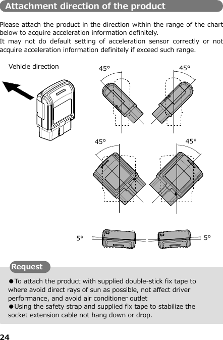 24  ●To attach the product with supplied double-stick fix tape to where avoid direct rays of sun as possible, not affect driver performance, and avoid air conditioner outlet   ●Using the safety strap and supplied fix tape to stabilize the socket extension cable not hang down or drop. Attachment direction of the product  Please attach the product in the direction within the range of the chart below to acquire acceleration information definitely. It  may  not  do  default  setting  of  acceleration  sensor  correctly  or  not acquire acceleration information definitely if exceed such range.                                 45° 45° 5° 5° 45° 45° Request Vehicle direction 