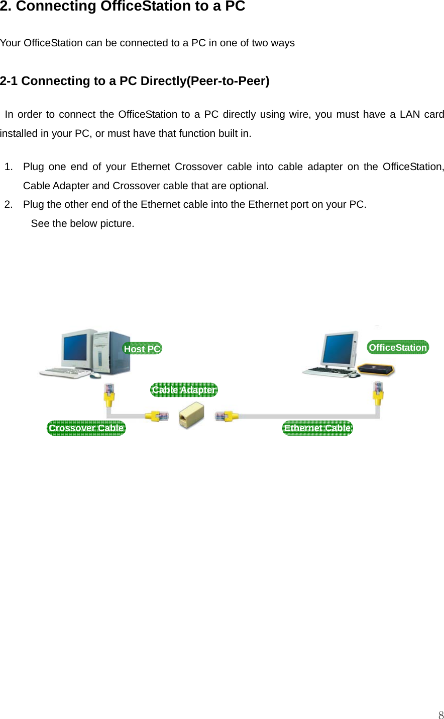  82. Connecting OfficeStation to a PC  Your OfficeStation can be connected to a PC in one of two ways  2-1 Connecting to a PC Directly(Peer-to-Peer)  In order to connect the OfficeStation to a PC directly using wire, you must have a LAN card installed in your PC, or must have that function built in. 1.  Plug one end of your Ethernet Crossover cable into cable adapter on the OfficeStation, Cable Adapter and Crossover cable that are optional. 2.  Plug the other end of the Ethernet cable into the Ethernet port on your PC.   See the below picture.               Host PC OfficeStationCable AdapterCrossover Cable  Ethernet Cable 