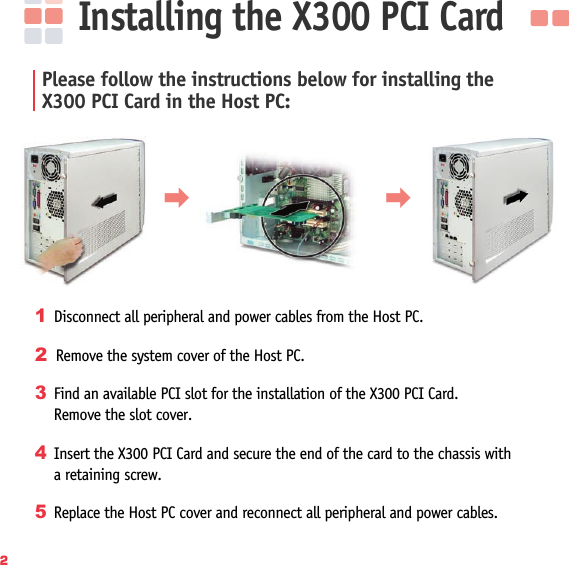 2Installing the X300 PCI CardPlease follow the instructions below for installing the X300 PCI Card in the Host PC:1Disconnect all peripheral and power cables from the Host PC.2Remove the system cover of the Host PC.3Find an available PCI slot for the installation of the X300 PCI Card. Remove the slot cover.4Insert the X300 PCI Card and secure the end of the card to the chassis with a retaining screw. 5Replace the Host PC cover and reconnect all peripheral and power cables.󳃨󳃨