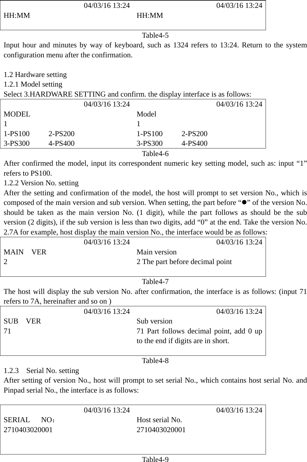            04/03/16 13:24            04/03/16 13:24 HH:MM HH:MM   Table4-5 Input hour and minutes by way of keyboard, such as 1324 refers to 13:24. Return to the system configuration menu after the confirmation.  1.2 Hardware setting 1.2.1 Model setting Select 3.HARDWARE SETTING and confirm. the display interface is as follows:            04/03/16 13:24            04/03/16 13:24 MODEL Model 1 1 1-PS100     2-PS200  1-PS100     2-PS200 3-PS300     4-PS400  3-PS300     4-PS400 Table4-6 After confirmed the model, input its correspondent numeric key setting model, such as: input &ldquo;1&rdquo; refers to PS100. 1.2.2 Version No. setting After the setting and confirmation of the model, the host will prompt to set version No., which is composed of the main version and sub version. When setting, the part before &ldquo;z&rdquo; of the version No. should be taken as the main version No. (1 digit), while the part follows as should be the sub version (2 digits), if the sub version is less than two digits, add &ldquo;0&rdquo; at the end. Take the version No. 2.7A for example, host display the main version No., the interface would be as follows:                04/03/16 13:24            04/03/16 13:24 MAIN  VER  Main version 2  2 The part before decimal point   Table4-7 The host will display the sub version No. after confirmation, the interface is as follows: (input 71 refers to 7A, hereinafter and so on )            04/03/16 13:24            04/03/16 13:24 SUB  VER  Sub version 71  71 Part follows decimal point, add 0 up to the end if digits are in short.   Table4-8 1.2.3  Serial No. setting After setting of version No., host will prompt to set serial No., which contains host serial No. and Pinpad serial No., the interface is as follows:             04/03/16 13:24            04/03/16 13:24 SERIAL   NO： Host serial No. 2710403020001 2710403020001     Table4-9 