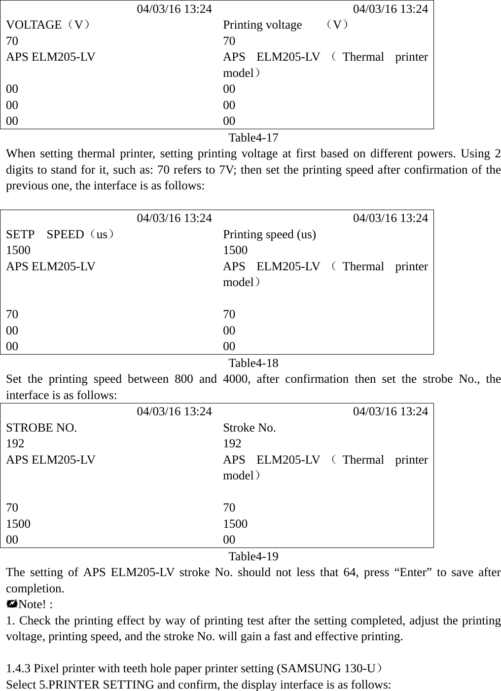             04/03/16 13:24            04/03/16 13:24 VOLTAGE（V）  Printing voltage   （V） 70 70 APS ELM205-LV  APS  ELM205-LV （Thermal printer model） 00 00 00 00 00 00 Table4-17 When setting thermal printer, setting printing voltage at first based on different powers. Using 2 digits to stand for it, such as: 70 refers to 7V; then set the printing speed after confirmation of the previous one, the interface is as follows:             04/03/16 13:24            04/03/16 13:24 SETP  SPEED（us） Printing speed (us) 1500 1500 APS ELM205-LV  APS  ELM205-LV （Thermal printer model）    70 70 00 00 00 00 Table4-18 Set the printing speed between 800 and 4000, after confirmation then set the strobe No., the interface is as follows:             04/03/16 13:24            04/03/16 13:24 STROBE NO.  Stroke No. 192 192 APS ELM205-LV  APS  ELM205-LV （Thermal printer model）  70 70 1500 1500 00 00 Table4-19 The setting of APS ELM205-LV stroke No. should not less that 64, press &ldquo;Enter&rdquo; to save after completion. Note! : 1. Check the printing effect by way of printing test after the setting completed, adjust the printing voltage, printing speed, and the stroke No. will gain a fast and effective printing.      1.4.3 Pixel printer with teeth hole paper printer setting (SAMSUNG 130-U） Select 5.PRINTER SETTING and confirm, the display interface is as follows:    