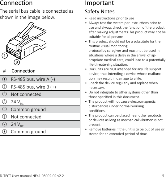 5D-TECT User manual NE41 08002-02 v2.2ConneconThe serial bus cable is connected as shown in the image below.81#Connecon①RS-485 bus, wire A (-)②RS-485 bus, wire B (+)③Not connected④24 VDC⑤Common ground⑥Not connected⑦24 VDC⑧Common groundImportantSafety Notes•  Read instrucons prior to use•  Always test the system per instrucons prior to use and always check the funcon of the product aer making adjustmentsThis product may not be suitable for all persons.•  This product should not be a substute for the roune visual monitoring  protocol by caregiver and must not be used in situaons where a delay in the arrival of ap-propriate medical care, could lead to a potenally life-threatening situaon.•  Our units are NOT intended for any life support device, thus intending a device whose malfunc-on may result in damage to a life.•  Check the device regularly and replace when necessary.•  Do not integrate to other systems other than those specied in this document.•  The product will not cause electromagnec disturbances under normal working  condions.•  The product can be placed near other products or devices as long as mechanical vibraon is not present.•  Remove baeries if the unit is to be out of use or stored for an extended period of me.