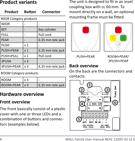 4 WALL Family User manual NE41 12005- 02 v2.0Product variantsProduct Buon ConnectorWIOR Category productsWIOR - -KEY - Key cylinderPULL - Pull cordPEAR - 6.35 mm tele jackPUSH x 1 -PUSH+PEAR x 1 6.35 mm tele jackPUSH+PULL x 1 Pull cord3PUSH x 33PUSH+PEAR x 3 6.35 mm tele jackROOM Category productsROOM x 3 -ROOM+PEAR x 3 6.35 mm tele jackHardware overviewFront overviewThe front basically consist of a plasc cover with one or three LEDs and a combinaon of buons and connec-tors (examples below).The unit is designed to t in an inset coupling box with cc 60 mm. To mount directly on a wall, an oponal mounng frame must be ed.PUSH+PEAR ROOM+PEAR/ 3PUSH+PEARBack overviewOn the back are the connectors and contacts.1452 36