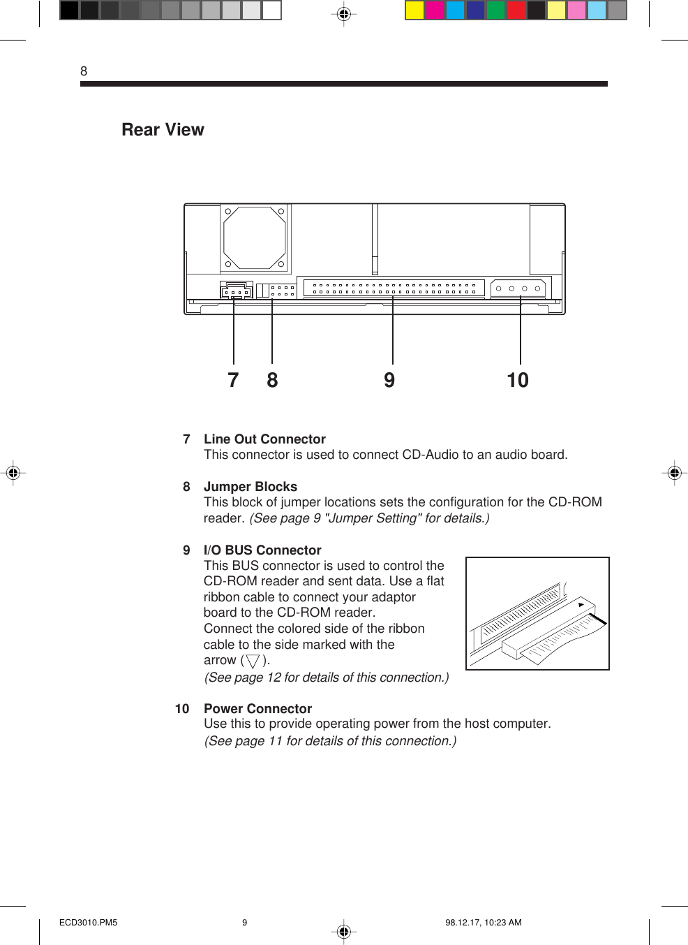 Rear View7 Line Out ConnectorThis connector is used to connect CD-Audio to an audio board.8 Jumper BlocksThis block of jumper locations sets the configuration for the CD-ROMreader. (See page 9 &quot;Jumper Setting&quot; for details.)9 I/O BUS ConnectorThis BUS connector is used to control theCD-ROM reader and sent data. Use a flatribbon cable to connect your adaptorboard to the CD-ROM reader.Connect the colored side of the ribboncable to the side marked with thearrow (     ).(See page 12 for details of this connection.)10 Power ConnectorUse this to provide operating power from the host computer.(See page 11 for details of this connection.)878 9 10ECD3010.PM5 98.12.17, 10:23 AM9