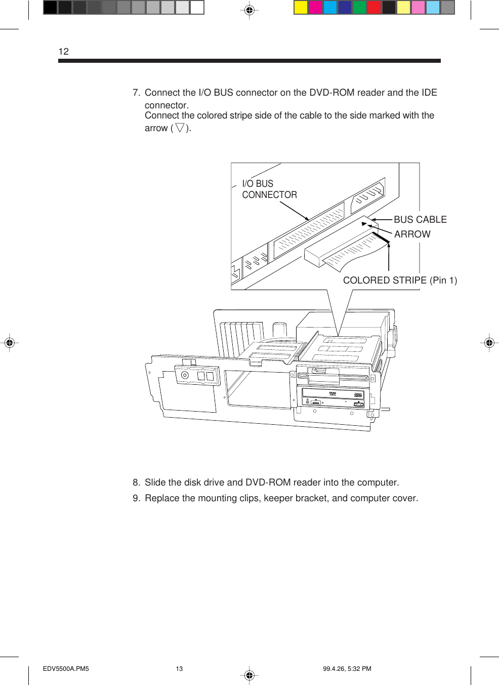 7. Connect the I/O BUS connector on the DVD-ROM reader and the IDEconnector.Connect the colored stripe side of the cable to the side marked with thearrow (     ).8. Slide the disk drive and DVD-ROM reader into the computer.9. Replace the mounting clips, keeper bracket, and computer cover.12I/O BUSCONNECTORBUS CABLECOLORED STRIPE (Pin 1)ARROWEDV5500A.PM5 99.4.26, 5:32 PM13