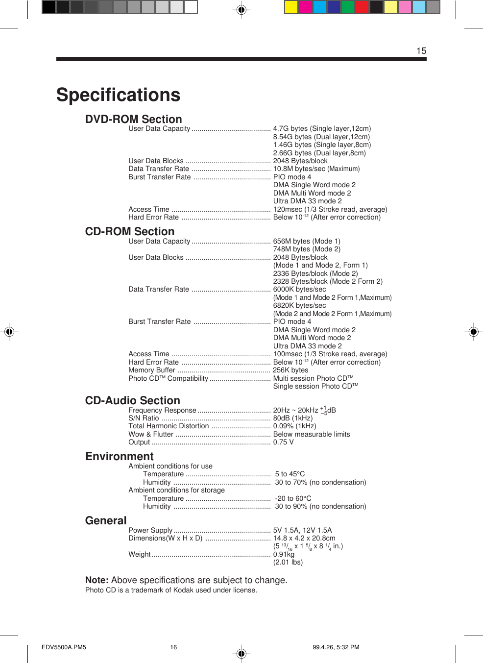 15SpecificationsDVD-ROM SectionUser Data Capacity ........................................ 4.7G bytes (Single layer,12cm)8.54G bytes (Dual layer,12cm)1.46G bytes (Single layer,8cm)2.66G bytes (Dual layer,8cm)User Data Blocks ........................................... 2048 Bytes/blockData Transfer Rate ........................................ 10.8M bytes/sec (Maximum)Burst Transfer Rate ....................................... PIO mode 4DMA Single Word mode 2DMA Multi Word mode 2Ultra DMA 33 mode 2Access Time .................................................. 120msec (1/3 Stroke read, average)Hard Error Rate ............................................. Below 10-12 (After error correction)CD-ROM SectionUser Data Capacity ........................................ 656M bytes (Mode 1)748M bytes (Mode 2)User Data Blocks ........................................... 2048 Bytes/block(Mode 1 and Mode 2, Form 1)2336 Bytes/block (Mode 2)2328 Bytes/block (Mode 2 Form 2)Data Transfer Rate ........................................ 6000K bytes/sec(Mode 1 and Mode 2 Form 1,Maximum)6820K bytes/sec(Mode 2 and Mode 2 Form 1,Maximum)Burst Transfer Rate ....................................... PIO mode 4DMA Single Word mode 2DMA Multi Word mode 2Ultra DMA 33 mode 2Access Time .................................................. 100msec (1/3 Stroke read, average)Hard Error Rate ............................................. Below 10-12 (After error correction)Memory Buffer ............................................... 256K bytesPhoto CDTM Compatibility............................... Multi session Photo CDTMSingle session Photo CDTMCD-Audio SectionFrequency Response ..................................... 20Hz ~ 20kHz +1–5dBS/N Ratio ....................................................... 80dB (1kHz)Total Harmonic Distortion .............................. 0.09% (1kHz)Wow &amp; Flutter ................................................ Below measurable limitsOutput ............................................................ 0.75 VEnvironmentAmbient conditions for useTemperature ...........................................  5 to 45°CHumidity .................................................  30 to 70% (no condensation)Ambient conditions for storageTemperature ...........................................  -20 to 60°CHumidity .................................................  30 to 90% (no condensation)GeneralPower Supply ................................................. 5V 1.5A, 12V 1.5ADimensions(W x H x D) ................................. 14.8 x 4.2 x 20.8cm....................................................................... (5 13/16 x 1 5/8 x 8 1/4 in.)Weight............................................................ 0.91kg....................................................................... (2.01 lbs)Note: Above specifications are subject to change.Photo CD is a trademark of Kodak used under license.EDV5500A.PM5 99.4.26, 5:32 PM16