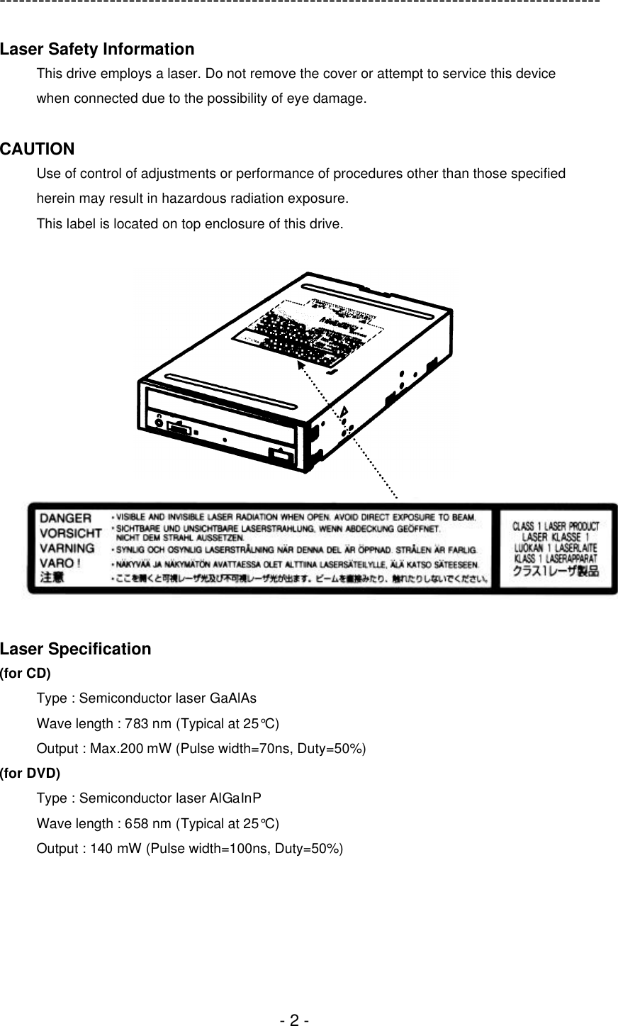 ---------------------------------------------------------------------------------------------  - 2 - Laser Safety Information This drive employs a laser. Do not remove the cover or attempt to service this device when connected due to the possibility of eye damage.  CAUTION Use of control of adjustments or performance of procedures other than those specified herein may result in hazardous radiation exposure. This label is located on top enclosure of this drive.     Laser Specification (for CD) Type : Semiconductor laser GaAlAs Wave length : 783 nm (Typical at 25°C) Output : Max.200 mW (Pulse width=70ns, Duty=50%) (for DVD) Type : Semiconductor laser AlGaInP Wave length : 658 nm (Typical at 25°C) Output : 140 mW (Pulse width=100ns, Duty=50%)  