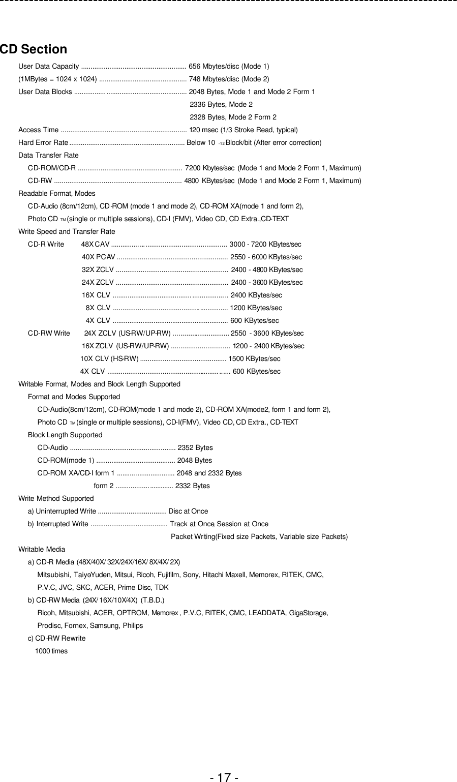 ---------------------------------------------------------------------------------------------  - 17 -  CD Section User Data Capacity ........................................................ 656 Mbytes/disc (Mode 1) (1MBytes = 1024 x 1024) ............................................... 748 Mbytes/disc (Mode 2) User Data Blocks ............................................................ 2048 Bytes, Mode 1 and Mode 2 Form 1 2336 Bytes, Mode 2 2328 Bytes, Mode 2 Form 2 Access Time .................................................................. 120 msec (1/3 Stroke Read, typical) Hard Error Rate ............................................................. Below 10  -12 Block/bit (After error correction) Data Transfer Rate CD-ROM/CD-R ....................................................... 7200 Kbytes/sec  (Mode 1 and Mode 2 Form 1, Maximum) CD-RW ................................................................... 4800 KBytes/sec  (Mode 1 and Mode 2 Form 1, Maximum) Readable Format, Modes  CD-Audio (8cm/12cm), CD-ROM (mode 1 and mode 2), CD-ROM XA(mode 1 and form 2), Photo CD TM (single or multiple sessions), CD-I (FMV), Video CD, CD Extra.,CD-TEXT Write Speed and Transfer Rate CD-R Write     48X CAV ............................................................. 3000 - 7200 KBytes/sec  40X  PCAV .......................................................... 2550 - 6000 KBytes/sec  32X  ZCLV ........................................................... 2400 - 4800 KBytes/sec  24X  ZCLV ........................................................... 2400 - 3600 KBytes/sec  16X CLV ............................................................. 2400 KBytes/sec 8X CLV ............................................................. 1200 KBytes/sec 4X CLV .............................................................. 600 KBytes/sec  CD-RW Write    24 X ZCLV (US-RW/UP-RW) .............................. 2550 - 3600 KBytes/sec 16X ZCLV  (US-RW/UP-RW) ............................... 1200 - 2400 KBytes/sec  10X CLV (HS-RW) .............................................. 1500 KBytes/sec  4X CLV ................................................................. 600 KBytes/sec Writable Format, Modes and Block Length Supported Format and Modes Supported CD-Audio(8cm/12cm), CD-ROM(mode 1 and mode 2), CD-ROM XA(mode2, form 1 and form 2), Photo CD TM (single or multiple sessions), CD-I(FMV), Video CD, CD Extra., CD-TEXT Block Length Supported CD-Audio ........................................................ 2352 Bytes CD-ROM(mode 1) .......................................... 2048 Bytes CD-ROM XA/CD-I form 1 ............................... 2048 and 2332 Bytes  form 2 ............................... 2332 Bytes  Write Method Supported a) Uninterrupted Write .................................... Disc at Once b) Interrupted Write ......................................... Track at Once, Session at Once Packet Writing(Fixed size Packets, Variable size Packets) Writable Media a) CD-R Media (48X/40X/ 32X/24X/16X/ 8X/4X/ 2X) Mitsubishi, Taiyo-Yuden, Mitsui, Ricoh, Fujifilm, Sony, Hitachi Maxell, Memorex, RITEK, CMC,   P.V.C, JVC, SKC, ACER, Prime Disc, TDK b) CD-RW Media  (24X/ 16X/10X/4X) (T.B.D.) Ricoh, Mitsubishi, ACER, OPTROM, Memorex , P.V.C, RITEK, CMC, LEADDATA, GigaStorage,  Prodisc, Fornex, Samsung, Philips c) CD-RW Rewrite 1000 times   