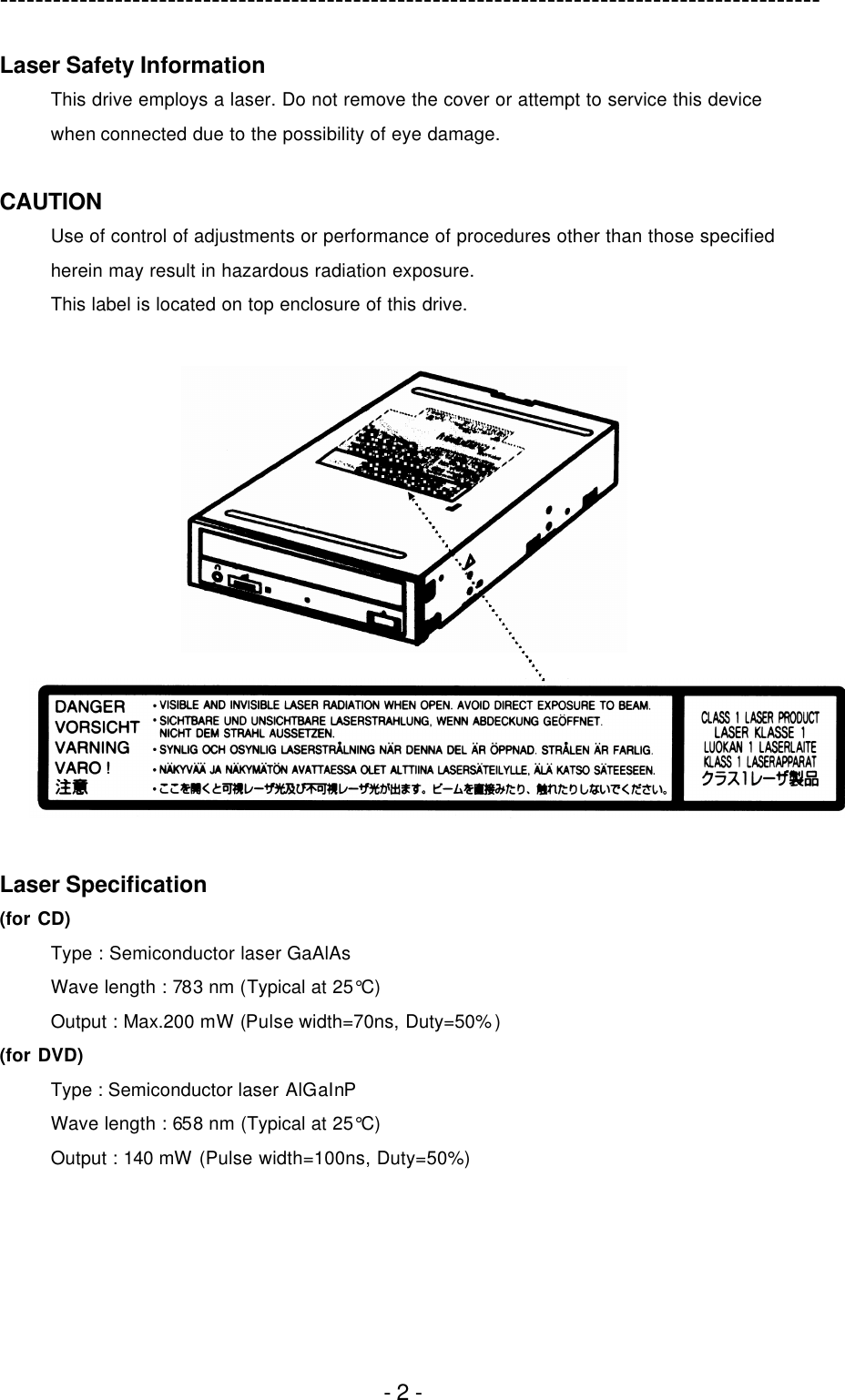 ---------------------------------------------------------------------------------------------  - 2 - Laser Safety Information This drive employs a laser. Do not remove the cover or attempt to service this device when connected due to the possibility of eye damage.  CAUTION Use of control of adjustments or performance of procedures other than those specified herein may result in hazardous radiation exposure. This label is located on top enclosure of this drive.     Laser Specification (for CD) Type : Semiconductor laser GaAlAs Wave length : 783 nm (Typical at 25°C) Output : Max.200 mW (Pulse width=70ns, Duty=50%) (for DVD) Type : Semiconductor laser AlGaInP Wave length : 658 nm (Typical at 25°C) Output : 140 mW (Pulse width=100ns, Duty=50%)  