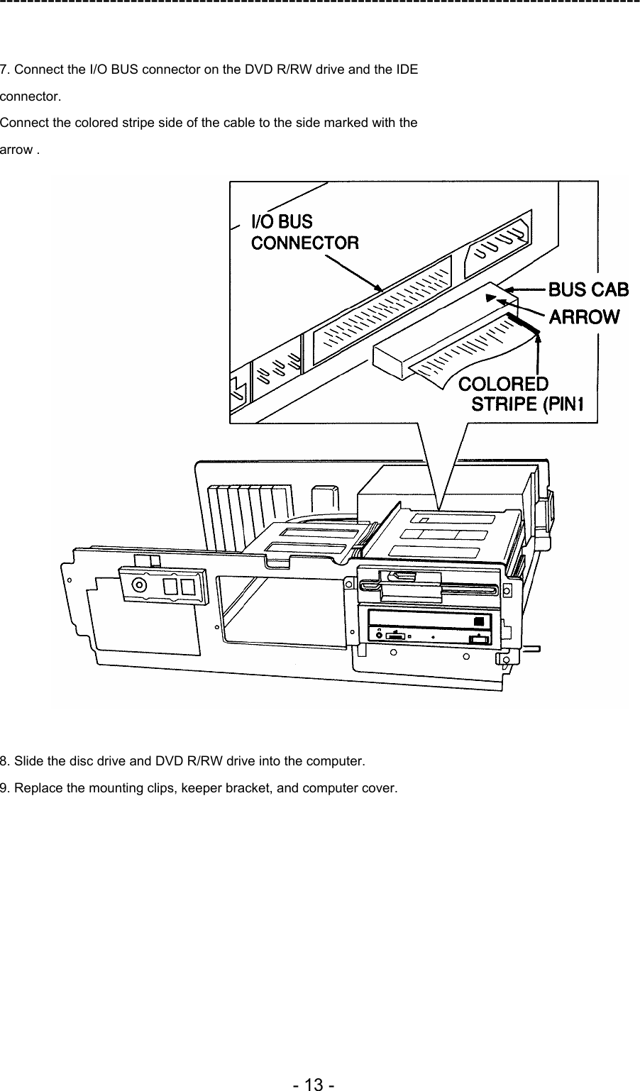 ---------------------------------------------------------------------------------------------  - 13 -  7. Connect the I/O BUS connector on the DVD R/RW drive and the IDE connector. Connect the colored stripe side of the cable to the side marked with the arrow .   8. Slide the disc drive and DVD R/RW drive into the computer. 9. Replace the mounting clips, keeper bracket, and computer cover.  