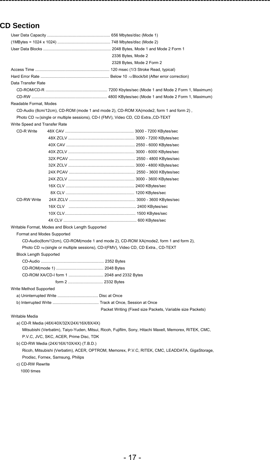 ---------------------------------------------------------------------------------------------  - 17 -  CD Section User Data Capacity ........................................................ 656 Mbytes/disc (Mode 1) (1MBytes = 1024 x 1024) ............................................... 748 Mbytes/disc (Mode 2) User Data Blocks ............................................................ 2048 Bytes, Mode 1 and Mode 2 Form 1 2336 Bytes, Mode 2 2328 Bytes, Mode 2 Form 2 Access Time .................................................................. 120 msec (1/3 Stroke Read, typical) Hard Error Rate ............................................................. Below 10 -12 Block/bit (After error correction) Data Transfer Rate CD-ROM/CD-R ....................................................... 7200 Kbytes/sec (Mode 1 and Mode 2 Form 1, Maximum) CD-RW ................................................................... 4800 KBytes/sec (Mode 1 and Mode 2 Form 1, Maximum) Readable Format, Modes CD-Audio (8cm/12cm), CD-ROM (mode 1 and mode 2), CD-ROM XA(mode2, form 1 and form 2) , Photo CD TM (single or multiple sessions), CD-I (FMV), Video CD, CD Extra.,CD-TEXT Write Speed and Transfer Rate CD-R Write     48X CAV ............................................................. 3000 - 7200 KBytes/sec 48X ZCLV ........................................................... 3000 - 7200 KBytes/sec 40X CAV ............................................................. 2550 - 6000 KBytes/sec 40X ZCLV ........................................................... 3000 - 6000 KBytes/sec 32X PCAV ........................................................... 2550 - 4800 KBytes/sec 32X ZCLV ........................................................... 3000 - 4800 KBytes/sec 24X PCAV ........................................................... 2550 - 3600 KBytes/sec 24X ZCLV ........................................................... 3000 - 3600 KBytes/sec 16X CLV ............................................................. 2400 KBytes/sec 8X CLV ............................................................. 1200 KBytes/sec CD-RW Write        24X ZCLV ........................................................... 3000 - 3600 KBytes/sec 16X CLV  ............................................................ 2400 KBytes/sec 10X CLV............................................................... 1500 KBytes/sec 4X CLV ................................................................. 600 KBytes/sec Writable Format, Modes and Block Length Supported Format and Modes Supported CD-Audio(8cm/12cm), CD-ROM(mode 1 and mode 2), CD-ROM XA(mode2, form 1 and form 2), Photo CD TM (single or multiple sessions), CD-I(FMV), Video CD, CD Extra., CD-TEXT Block Length Supported CD-Audio ........................................................ 2352 Bytes CD-ROM(mode 1) .......................................... 2048 Bytes CD-ROM XA/CD-I form 1 ............................... 2048 and 2332 Bytes form 2 ............................... 2332 Bytes Write Method Supported a) Uninterrupted Write .................................... Disc at Once b) Interrupted Write ......................................... Track at Once, Session at Once Packet Writing (Fixed size Packets, Variable size Packets) Writable Media a) CD-R Media (48X/40X/32X/24X/16X/8X/4X) Mitsubishi (Verbatim), Taiyo-Yuden, Mitsui, Ricoh, Fujifilm, Sony, Hitachi Maxell, Memorex, RITEK, CMC,   P.V.C, JVC, SKC, ACER, Prime Disc, TDK b) CD-RW Media (24X/16X/10X/4X) (T.B.D.) Ricoh, Mitsubishi (Verbatim), ACER, OPTROM, Memorex, P.V.C, RITEK, CMC, LEADDATA, GigaStorage, Prodisc, Fornex, Samsung, Philips c) CD-RW Rewrite 1000 times  