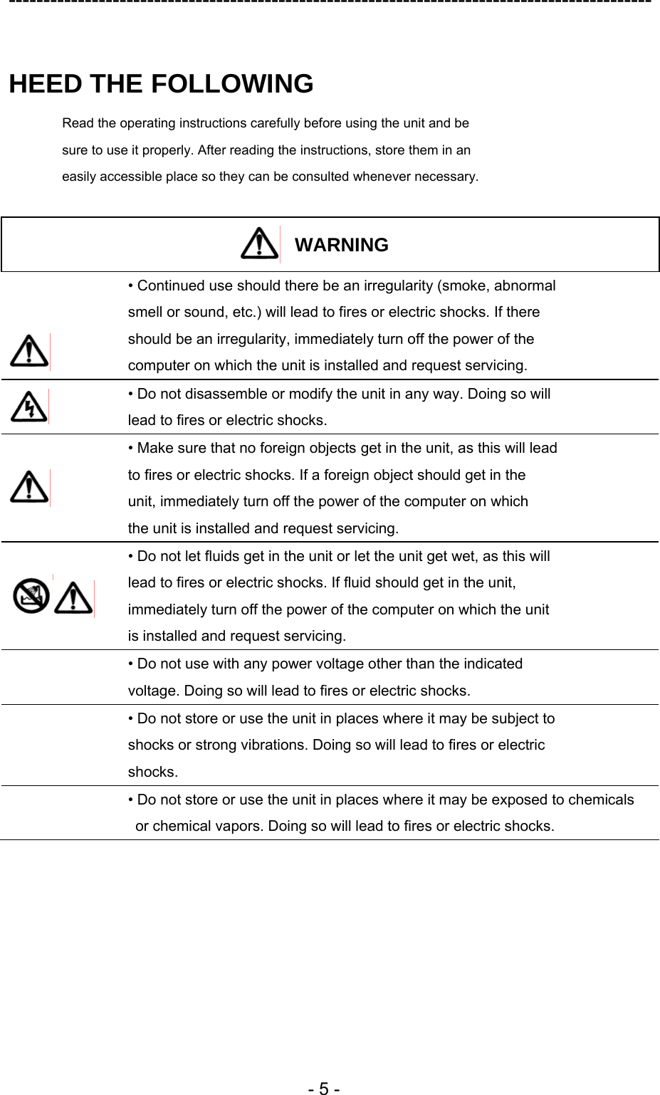 ---------------------------------------------------------------------------------------------  - 5 -  HEED THE FOLLOWING Read the operating instructions carefully before using the unit and be sure to use it properly. After reading the instructions, store them in an easily accessible place so they can be consulted whenever necessary.  WARNING    • Continued use should there be an irregularity (smoke, abnormal smell or sound, etc.) will lead to fires or electric shocks. If there should be an irregularity, immediately turn off the power of the computer on which the unit is installed and request servicing.  • Do not disassemble or modify the unit in any way. Doing so will lead to fires or electric shocks.    • Make sure that no foreign objects get in the unit, as this will lead to fires or electric shocks. If a foreign object should get in the unit, immediately turn off the power of the computer on which the unit is installed and request servicing.   • Do not let fluids get in the unit or let the unit get wet, as this will lead to fires or electric shocks. If fluid should get in the unit, immediately turn off the power of the computer on which the unit is installed and request servicing.  • Do not use with any power voltage other than the indicated voltage. Doing so will lead to fires or electric shocks.  • Do not store or use the unit in places where it may be subject to shocks or strong vibrations. Doing so will lead to fires or electric shocks.  • Do not store or use the unit in places where it may be exposed to chemicals   or chemical vapors. Doing so will lead to fires or electric shocks.  