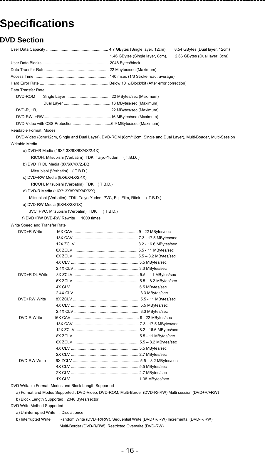 ---------------------------------------------------------------------------------------------  - 16 - Specifications DVD Section User Data Capacity ........................................................ 4.7 GBytes (Single layer, 12cm),        8.54 GBytes (Dual layer, 12cm) 1.46 GBytes (Single layer, 8cm),        2.66 GBytes (Dual layer, 8cm) User Data Blocks ............................................................ 2048 Bytes/block Data Transfer Rate ......................................................... 22 Mbytes/sec (Maximum) Access Time ................................................................... 140 msec (1/3 Stroke read, average) Hard Error Rate .............................................................. Below 10 -12 Block/bit (After error correction) Data Transfer Rate DVD-ROM    Single Layer ........................................ 22 MBytes/sec (Maximum) Dual Layer .......................................... 16 MBytes/sec (Maximum) DVD-R, +R,...................................................................22 MBytes/sec (Maximum) DVD-RW, +RW.............................................................16 MBytes/sec (Maximum) DVD-Video with CSS Protection...................................6.9 MBytes/sec (Maximum) Readable Format, Modes DVD-Video (8cm/12cm, Single and Dual Layer), DVD-ROM (8cm/12cm, Single and Dual Layer), Multi-Boader, Multi-Session Writable Media a) DVD+R Media (16X/13X/8X/6X/4X/2.4X)       RICOH, Mitsubishi (Verbatim), TDK, Taiyo-Yuden,  ( T.B.D. ) b) DVD+R DL Media (8X/6X/4X/2.4X)       Mitsubishi (Verbatim)  ( T.B.D.) c) DVD+RW Media (8X/6X/4X/2.4X)       RICOH, Mitsubishi (Verbatim), TDK  ( T.B.D.)   d) DVD-R Media (16X/13X/8X/6X/4X/2X)           Mitsubishi (Verbatim), TDK, Taiyo-Yuden, PVC, Fuji Film, Ritek      ( T.B.D.)     e) DVD-RW Media (6X/4X/2X/1X)      JVC, PVC, Mitsubishi (Verbatim), TDK   ( T.B.D.) f) DVD+RW DVD-RW Rewrite      1000 times Write Speed and Transfer Rate DVD+R Write       16X CAV .......................................................... 9 - 22 MBytes/sec 13X CAV .......................................................... 7.3 - 17.5 MBytes/sec 12X ZCLV ........................................................ 8.2 - 16.6 MBytes/sec 8X ZCLV .......................................................... 5.5 - 11 MBytes/sec 6X ZCLV .......................................................... 5.5 – 8.2 MBytes/sec 4X CLV ............................................................. 5.5 MBytes/sec 2.4X CLV .......................................................... 3.3 MBytes/sec DVD+R DL Write        8X ZCLV ........................................................... 5.5 – 11 MBytes/sec   6X ZCLV ........................................................... 5.5 – 8.2 MBytes/sec 4X CLV ............................................................. 5.5 MBytes/sec 2.4X CLV ........................................................... 3.3 MBytes/sec DVD+RW Write     8X ZCLV ............................................................ 5.5 - 11 MBytes/sec 4X CLV .............................................................. 5.5 MBytes/sec 2.4X CLV ........................................................... 3.3 MBytes/sec  DVD-R Write      16X CAV ............................................................. 9 - 22 MBytes/sec  13X CAV ........................................................... 7.3 - 17.5 MBytes/sec   12X ZCLV ......................................................... 8.2 - 16.6 MBytes/sec   8X ZCLV ........................................................... 5.5 - 11 MBytes/sec   6X ZCLV ........................................................... 5.5 – 8.2 MBytes/sec 4X CLV ............................................................. 5.5 MBytes/sec   . 2X CLV ............................................................. 2.7 MBytes/sec    DVD-RW Write     6X ZCLV ............................................................ 5.5 – 8.2 MBytes/sec   4X CLV ............................................................. 5.5 MBytes/sec    2X CLV ............................................................. 2.7 MBytes/sec     1X CLV ............................................................. 1.38 MBytes/sec    DVD Writable Format, Modes and Block Length Supported a) Format and Modes Supported : DVD-Video, DVD-ROM, Multi-Border (DVD-R/-RW),Multi session (DVD+R/+RW) b) Block Length Supported : 2048 Bytes/sector DVD Write Method Supported a) Uninterrupted Write    : Disc at once b) Interrupted Write        :Random Write (DVD+R/RW), Sequential Write (DVD+R/RW) Incremental (DVD-R/RW),   Multi-Border (DVD-R/RW), Restricted Overwrite (DVD-RW) 
