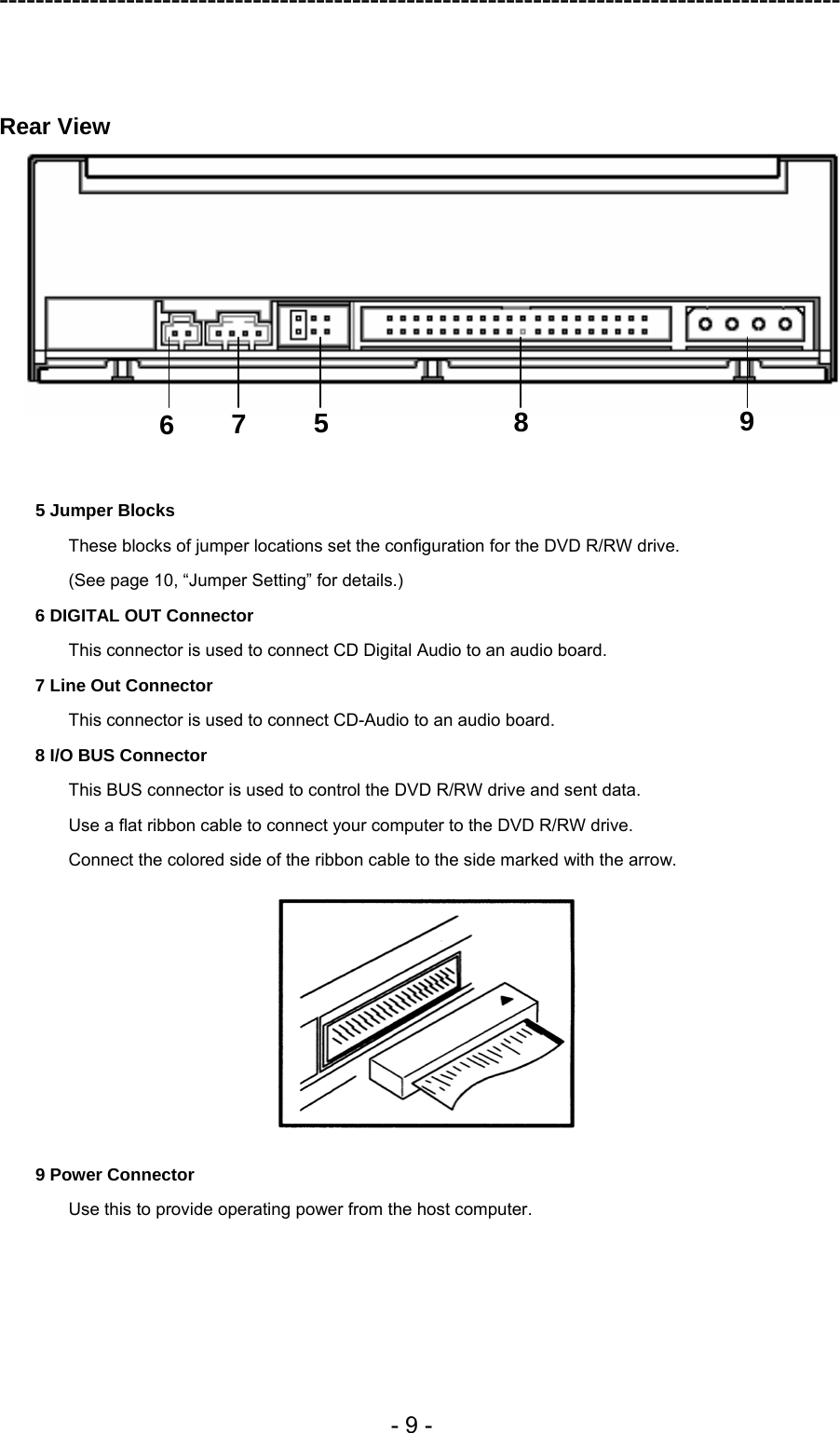 ---------------------------------------------------------------------------------------------  - 9 -   Rear View    5 Jumper Blocks These blocks of jumper locations set the configuration for the DVD R/RW drive. (See page 10, “Jumper Setting” for details.) 6 DIGITAL OUT Connector This connector is used to connect CD Digital Audio to an audio board. 7 Line Out Connector This connector is used to connect CD-Audio to an audio board. 8 I/O BUS Connector This BUS connector is used to control the DVD R/RW drive and sent data. Use a flat ribbon cable to connect your computer to the DVD R/RW drive. Connect the colored side of the ribbon cable to the side marked with the arrow.  9 Power Connector Use this to provide operating power from the host computer.  567  8  9 