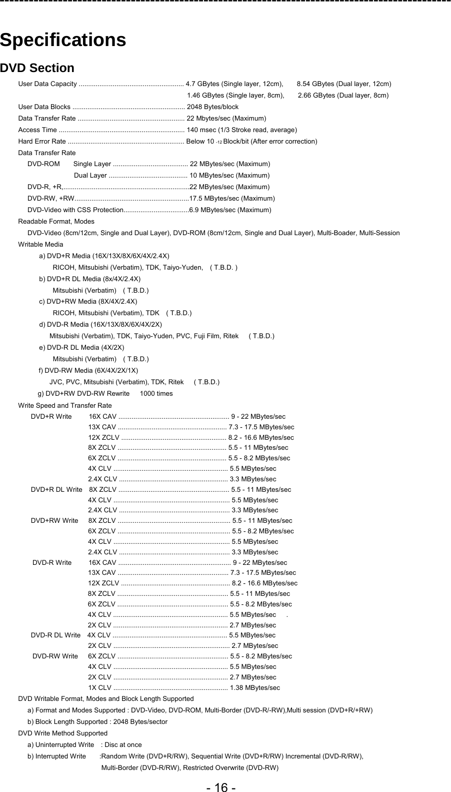 ---------------------------------------------------------------------------------------------  - 16 - Specifications DVD Section User Data Capacity ........................................................ 4.7 GBytes (Single layer, 12cm),        8.54 GBytes (Dual layer, 12cm) 1.46 GBytes (Single layer, 8cm),        2.66 GBytes (Dual layer, 8cm) User Data Blocks ............................................................ 2048 Bytes/block Data Transfer Rate ......................................................... 22 Mbytes/sec (Maximum) Access Time ................................................................... 140 msec (1/3 Stroke read, average) Hard Error Rate .............................................................. Below 10 -12 Block/bit (After error correction) Data Transfer Rate DVD-ROM    Single Layer ........................................ 22 MBytes/sec (Maximum) Dual Layer .......................................... 10 MBytes/sec (Maximum) DVD-R, +R,...................................................................22 MBytes/sec (Maximum) DVD-RW, +RW.............................................................17.5 MBytes/sec (Maximum) DVD-Video with CSS Protection...................................6.9 MBytes/sec (Maximum) Readable Format, Modes DVD-Video (8cm/12cm, Single and Dual Layer), DVD-ROM (8cm/12cm, Single and Dual Layer), Multi-Boader, Multi-Session Writable Media a) DVD+R Media (16X/13X/8X/6X/4X/2.4X)       RICOH, Mitsubishi (Verbatim), TDK, Taiyo-Yuden,  ( T.B.D. ) b) DVD+R DL Media (8x/4X/2.4X)       Mitsubishi (Verbatim)  ( T.B.D.) c) DVD+RW Media (8X/4X/2.4X)       RICOH, Mitsubishi (Verbatim), TDK  ( T.B.D.)   d) DVD-R Media (16X/13X/8X/6X/4X/2X)           Mitsubishi (Verbatim), TDK, Taiyo-Yuden, PVC, Fuji Film, Ritek      ( T.B.D.) e) DVD-R DL Media (4X/2X)       Mitsubishi (Verbatim)  ( T.B.D.)   f) DVD-RW Media (6X/4X/2X/1X)      JVC, PVC, Mitsubishi (Verbatim), TDK, Ritek   ( T.B.D.) g) DVD+RW DVD-RW Rewrite      1000 times Write Speed and Transfer Rate DVD+R Write     16X CAV ........................................................... 9 - 22 MBytes/sec 13X CAV .......................................................... 7.3 - 17.5 MBytes/sec 12X ZCLV ........................................................ 8.2 - 16.6 MBytes/sec 8X ZCLV .......................................................... 5.5 - 11 MBytes/sec 6X ZCLV .......................................................... 5.5 - 8.2 MBytes/sec 4X CLV ............................................................. 5.5 MBytes/sec 2.4X CLV .......................................................... 3.3 MBytes/sec DVD+R DL Write    8X ZCLV ........................................................... 5.5 - 11 MBytes/sec   4X CLV .............................................................. 5.5 MBytes/sec 2.4X CLV ........................................................... 3.3 MBytes/sec DVD+RW Write      8X ZCLV ............................................................ 5.5 - 11 MBytes/sec 6X ZCLV ............................................................ 5.5 - 8.2 MBytes/sec 4X CLV .............................................................. 5.5 MBytes/sec 2.4X CLV ........................................................... 3.3 MBytes/sec  DVD-R Write     16X CAV ............................................................ 9 - 22 MBytes/sec  13X CAV ........................................................... 7.3 - 17.5 MBytes/sec   12X ZCLV .......................................................... 8.2 - 16.6 MBytes/sec   8X ZCLV ........................................................... 5.5 - 11 MBytes/sec   6X ZCLV ........................................................... 5.5 - 8.2 MBytes/sec 4X CLV ............................................................. 5.5 MBytes/sec   . 2X CLV ............................................................. 2.7 MBytes/sec   DVD-R DL Write    4X CLV ............................................................. 5.5 MBytes/sec   2X CLV .............................................................. 2.7 MBytes/sec  DVD-RW Write   6X ZCLV ........................................................... 5.5 - 8.2 MBytes/sec   4X CLV ............................................................. 5.5 MBytes/sec    2X CLV ............................................................. 2.7 MBytes/sec     1X CLV ............................................................. 1.38 MBytes/sec    DVD Writable Format, Modes and Block Length Supported a) Format and Modes Supported : DVD-Video, DVD-ROM, Multi-Border (DVD-R/-RW),Multi session (DVD+R/+RW) b) Block Length Supported : 2048 Bytes/sector DVD Write Method Supported a) Uninterrupted Write    : Disc at once b) Interrupted Write        :Random Write (DVD+R/RW), Sequential Write (DVD+R/RW) Incremental (DVD-R/RW),   Multi-Border (DVD-R/RW), Restricted Overwrite (DVD-RW) 