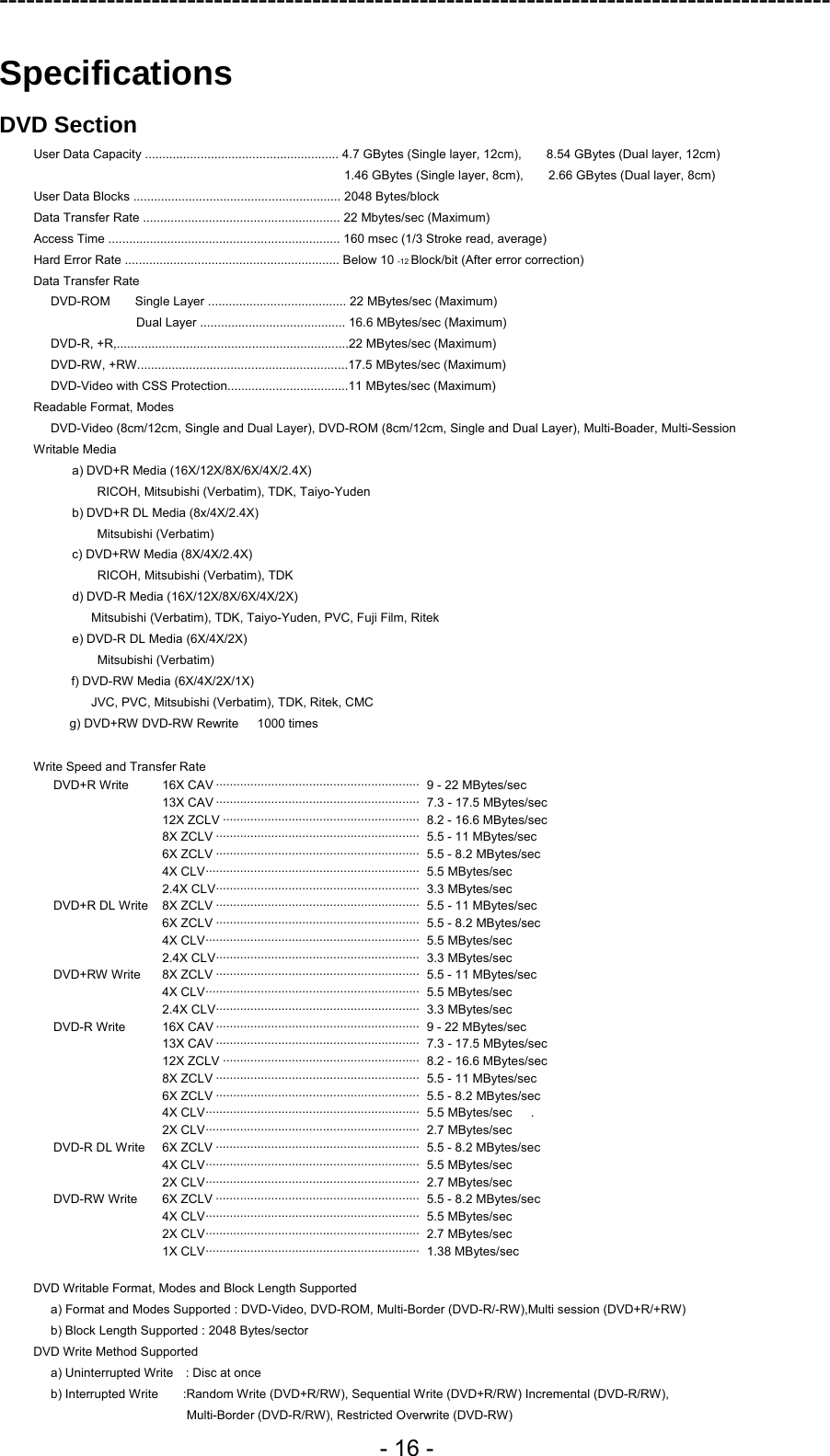 ---------------------------------------------------------------------------------------------  - 16 - Specifications DVD Section User Data Capacity ........................................................ 4.7 GBytes (Single layer, 12cm),        8.54 GBytes (Dual layer, 12cm) 1.46 GBytes (Single layer, 8cm),        2.66 GBytes (Dual layer, 8cm) User Data Blocks ............................................................ 2048 Bytes/block Data Transfer Rate ......................................................... 22 Mbytes/sec (Maximum) Access Time ................................................................... 160 msec (1/3 Stroke read, average) Hard Error Rate .............................................................. Below 10 -12 Block/bit (After error correction) Data Transfer Rate DVD-ROM    Single Layer ........................................ 22 MBytes/sec (Maximum) Dual Layer .......................................... 16.6 MBytes/sec (Maximum) DVD-R, +R,...................................................................22 MBytes/sec (Maximum) DVD-RW, +RW.............................................................17.5 MBytes/sec (Maximum) DVD-Video with CSS Protection...................................11 MBytes/sec (Maximum) Readable Format, Modes DVD-Video (8cm/12cm, Single and Dual Layer), DVD-ROM (8cm/12cm, Single and Dual Layer), Multi-Boader, Multi-Session Writable Media a) DVD+R Media (16X/12X/8X/6X/4X/2.4X)       RICOH, Mitsubishi (Verbatim), TDK, Taiyo-Yuden b) DVD+R DL Media (8x/4X/2.4X)       Mitsubishi (Verbatim)   c) DVD+RW Media (8X/4X/2.4X)       RICOH, Mitsubishi (Verbatim), TDK     d) DVD-R Media (16X/12X/8X/6X/4X/2X)           Mitsubishi (Verbatim), TDK, Taiyo-Yuden, PVC, Fuji Film, Ritek       e) DVD-R DL Media (6X/4X/2X)       Mitsubishi (Verbatim)     f) DVD-RW Media (6X/4X/2X/1X)      JVC, PVC, Mitsubishi (Verbatim), TDK, Ritek, CMC g) DVD+RW DVD-RW Rewrite      1000 times  Write Speed and Transfer Rate DVD+R Write  16X CAV ···························································  9 - 22 MBytes/sec   13X CAV ···························································  7.3 - 17.5 MBytes/sec   12X ZCLV ·························································  8.2 - 16.6 MBytes/sec   8X ZCLV ···························································  5.5 - 11 MBytes/sec   6X ZCLV ···························································  5.5 - 8.2 MBytes/sec  4X CLV······························································ 5.5 MBytes/sec  2.4X CLV··························································· 3.3 MBytes/sec DVD+R DL Write  8X ZCLV ···························································  5.5 - 11 MBytes/sec     6X ZCLV ···························································  5.5 - 8.2 MBytes/sec  4X CLV······························································ 5.5 MBytes/sec  2.4X CLV··························································· 3.3 MBytes/sec DVD+RW Write  8X ZCLV ···························································  5.5 - 11 MBytes/sec  4X CLV······························································ 5.5 MBytes/sec  2.4X CLV··························································· 3.3 MBytes/sec DVD-R Write  16X CAV ···························································  9 - 22 MBytes/sec     13X CAV ···························································  7.3 - 17.5 MBytes/sec     12X ZCLV ·························································  8.2 - 16.6 MBytes/sec     8X ZCLV ···························································  5.5 - 11 MBytes/sec     6X ZCLV ···························································  5.5 - 8.2 MBytes/sec   4X CLV······························································ 5.5 MBytes/sec   .   2X CLV······························································ 2.7 MBytes/sec  DVD-R DL Write  6X ZCLV ···························································  5.5 - 8.2 MBytes/sec     4X CLV······························································ 5.5 MBytes/sec   2X CLV······························································ 2.7 MBytes/sec DVD-RW Write  6X ZCLV ···························································  5.5 - 8.2 MBytes/sec     4X CLV······························································ 5.5 MBytes/sec      2X CLV······························································ 2.7 MBytes/sec     1X CLV······························································ 1.38 MBytes/sec     DVD Writable Format, Modes and Block Length Supported a) Format and Modes Supported : DVD-Video, DVD-ROM, Multi-Border (DVD-R/-RW),Multi session (DVD+R/+RW) b) Block Length Supported : 2048 Bytes/sector DVD Write Method Supported a) Uninterrupted Write    : Disc at once b) Interrupted Write        :Random Write (DVD+R/RW), Sequential Write (DVD+R/RW) Incremental (DVD-R/RW),   Multi-Border (DVD-R/RW), Restricted Overwrite (DVD-RW) 