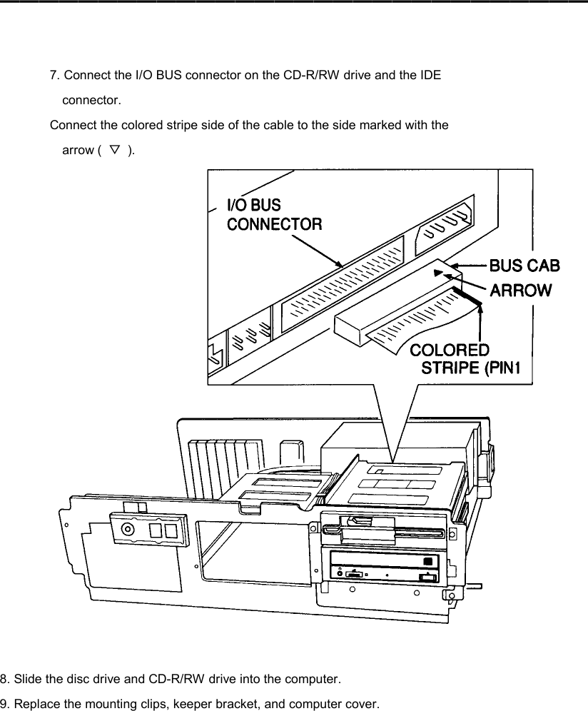 ━━━━━━━━━━━━━━━━━━━━━━━━━━━━━━    7. Connect the I/O BUS connector on the CD-R/RW drive and the IDE connector. Connect the colored stripe side of the cable to the side marked with the arrow (  ▽ ).   8. Slide the disc drive and CD-R/RW drive into the computer. 9. Replace the mounting clips, keeper bracket, and computer cover.  
