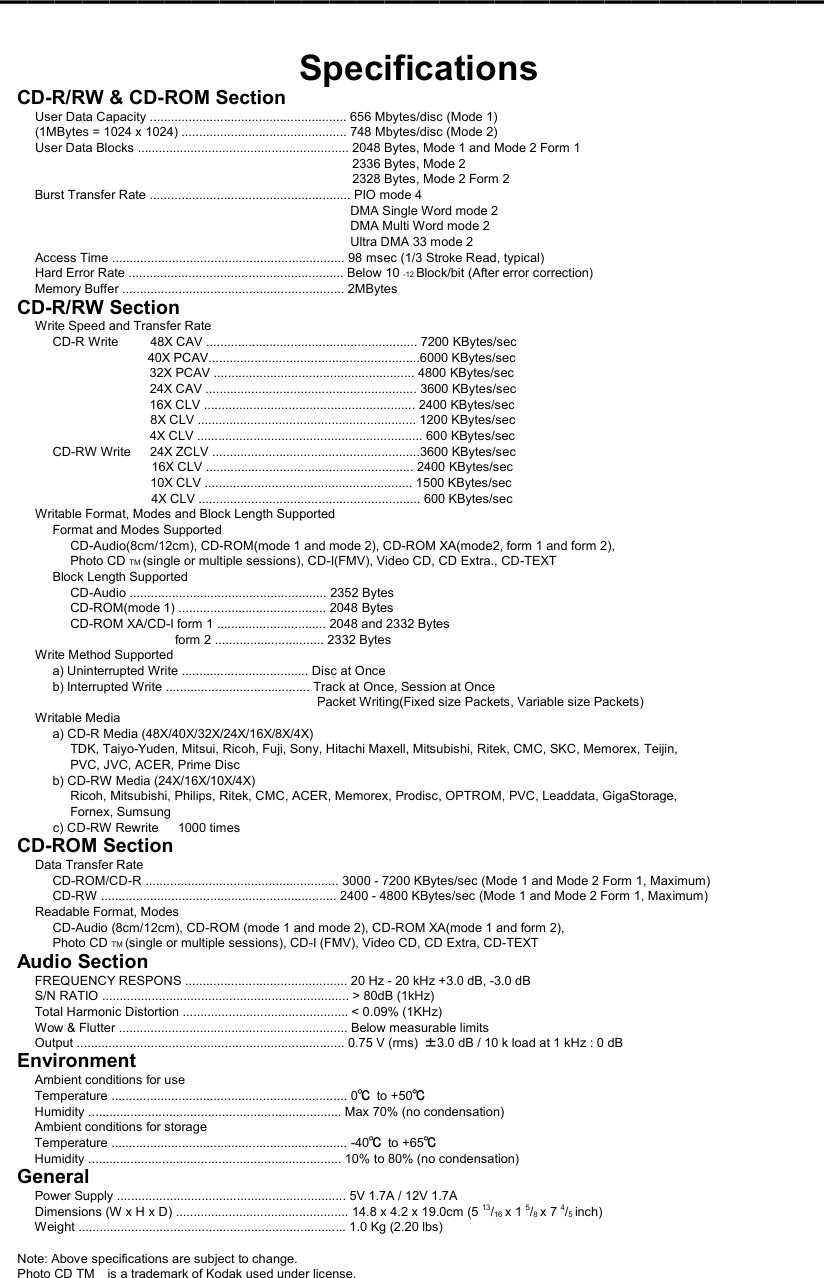 ━━━━━━━━━━━━━━━━━━━━━━━━━━━━━━   Specifications CD-R/RW &amp; CD-ROM Section User Data Capacity ........................................................ 656 Mbytes/disc (Mode 1) (1MBytes = 1024 x 1024) ............................................... 748 Mbytes/disc (Mode 2) User Data Blocks ............................................................ 2048 Bytes, Mode 1 and Mode 2 Form 1 2336 Bytes, Mode 2 2328 Bytes, Mode 2 Form 2 Burst Transfer Rate ......................................................... PIO mode 4 DMA Single Word mode 2 DMA Multi Word mode 2 Ultra DMA 33 mode 2 Access Time .................................................................. 98 msec (1/3 Stroke Read, typical) Hard Error Rate ............................................................. Below 10 -12 Block/bit (After error correction) Memory Buffer ............................................................... 2MBytes CD-R/RW Section Write Speed and Transfer Rate CD-R Write          48X CAV ............................................................ 7200 KBytes/sec                40X PCAV............................................................6000 KBytes/sec 32X PCAV ......................................................... 4800 KBytes/sec 24X CAV ............................................................ 3600 KBytes/sec 16X CLV ............................................................ 2400 KBytes/sec 8X CLV .............................................................. 1200 KBytes/sec 4X CLV ................................................................ 600 KBytes/sec CD-RW Write   24X ZCLV ...........................................................3600 KBytes/sec 16X CLV ........................................................... 2400 KBytes/sec 10X CLV ........................................................... 1500 KBytes/sec 4X CLV ............................................................... 600 KBytes/sec Writable Format, Modes and Block Length Supported Format and Modes Supported CD-Audio(8cm/12cm), CD-ROM(mode 1 and mode 2), CD-ROM XA(mode2, form 1 and form 2), Photo CD TM (single or multiple sessions), CD-I(FMV), Video CD, CD Extra., CD-TEXT Block Length Supported CD-Audio ........................................................ 2352 Bytes CD-ROM(mode 1) .......................................... 2048 Bytes CD-ROM XA/CD-I form 1 ............................... 2048 and 2332 Bytes form 2 ............................... 2332 Bytes Write Method Supported a) Uninterrupted Write .................................... Disc at Once b) Interrupted Write ......................................... Track at Once, Session at Once Packet Writing(Fixed size Packets, Variable size Packets) Writable Media a) CD-R Media (48X/40X/32X/24X/16X/8X/4X) TDK, Taiyo-Yuden, Mitsui, Ricoh, Fuji, Sony, Hitachi Maxell, Mitsubishi, Ritek, CMC, SKC, Memorex, Teijin, PVC, JVC, ACER, Prime Disc b) CD-RW Media (24X/16X/10X/4X) Ricoh, Mitsubishi, Philips, Ritek, CMC, ACER, Memorex, Prodisc, OPTROM, PVC, Leaddata, GigaStorage, Fornex, Sumsung c) CD-RW Rewrite   1000 times CD-ROM Section Data Transfer Rate CD-ROM/CD-R ....................................................... 3000 - 7200 KBytes/sec (Mode 1 and Mode 2 Form 1, Maximum) CD-RW ................................................................... 2400 - 4800 KBytes/sec (Mode 1 and Mode 2 Form 1, Maximum) Readable Format, Modes CD-Audio (8cm/12cm), CD-ROM (mode 1 and mode 2), CD-ROM XA(mode 1 and form 2), Photo CD TM (single or multiple sessions), CD-I (FMV), Video CD, CD Extra, CD-TEXT Audio Section FREQUENCY RESPONS .............................................. 20 Hz - 20 kHz +3.0 dB, -3.0 dB S/N RATIO ...................................................................... &gt; 80dB (1kHz) Total Harmonic Distortion ............................................... &lt; 0.09% (1KHz) Wow &amp; Flutter ................................................................. Below measurable limits Output ............................................................................ 0.75 V (rms)  ±3.0 dB / 10 k load at 1 kHz : 0 dB Environment Ambient conditions for use Temperature ................................................................... 0℃ to +50℃ Humidity ........................................................................ Max 70% (no condensation) Ambient conditions for storage Temperature ................................................................... -40℃ to +65℃ Humidity ........................................................................ 10% to 80% (no condensation) General Power Supply ................................................................. 5V 1.7A / 12V 1.7A Dimensions (W x H x D) ................................................. 14.8 x 4.2 x 19.0cm (5 13/16 x 1 5/8 x 7 4/5 inch) Weight ............................................................................ 1.0 Kg (2.20 lbs)  Note: Above specifications are subject to change. Photo CD TM    is a trademark of Kodak used under license. 