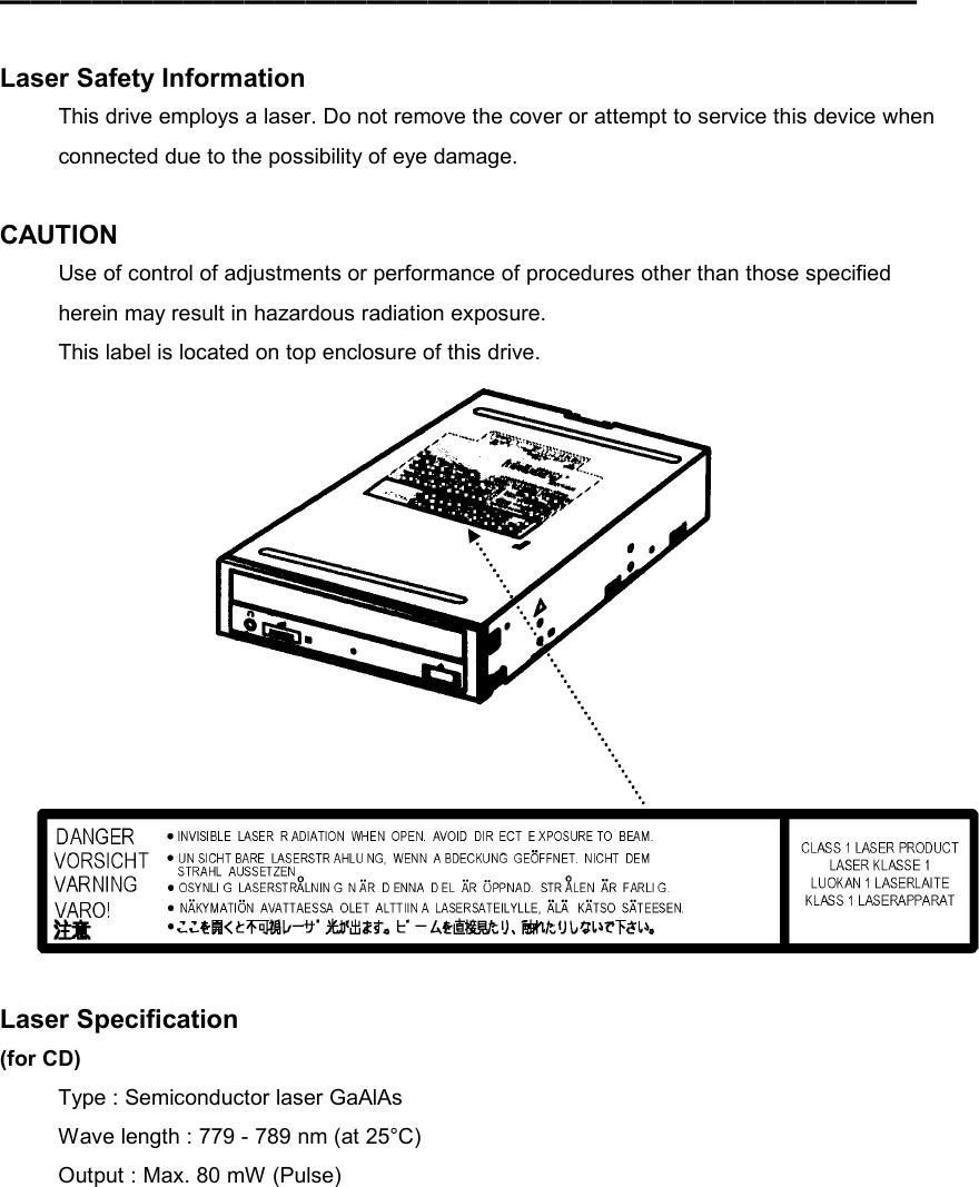 ━━━━━━━━━━━━━━━━━━━━━━━━━━━━━━   Laser Safety Information This drive employs a laser. Do not remove the cover or attempt to service this device when connected due to the possibility of eye damage.  CAUTION Use of control of adjustments or performance of procedures other than those specified herein may result in hazardous radiation exposure. This label is located on top enclosure of this drive.     Laser Specification (for CD) Type : Semiconductor laser GaAlAs Wave length : 779 - 789 nm (at 25°C) Output : Max. 80 mW (Pulse)  