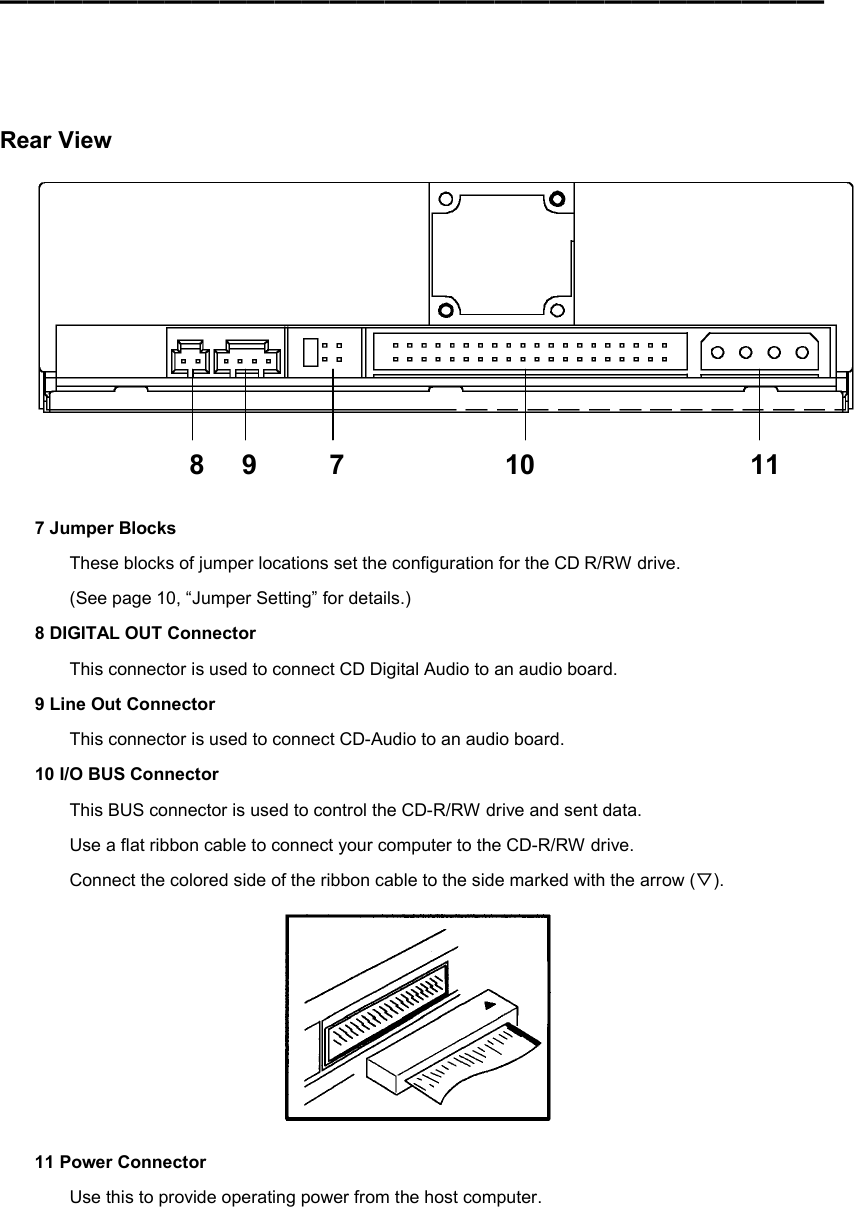 ━━━━━━━━━━━━━━━━━━━━━━━━━━━━━━     Rear View    7 Jumper Blocks These blocks of jumper locations set the configuration for the CD R/RW drive. (See page 10, “Jumper Setting” for details.) 8 DIGITAL OUT Connector This connector is used to connect CD Digital Audio to an audio board. 9 Line Out Connector This connector is used to connect CD-Audio to an audio board. 10 I/O BUS Connector This BUS connector is used to control the CD-R/RW drive and sent data. Use a flat ribbon cable to connect your computer to the CD-R/RW drive. Connect the colored side of the ribbon cable to the side marked with the arrow (▽).  11 Power Connector Use this to provide operating power from the host computer.  11 10 9 8 7 
