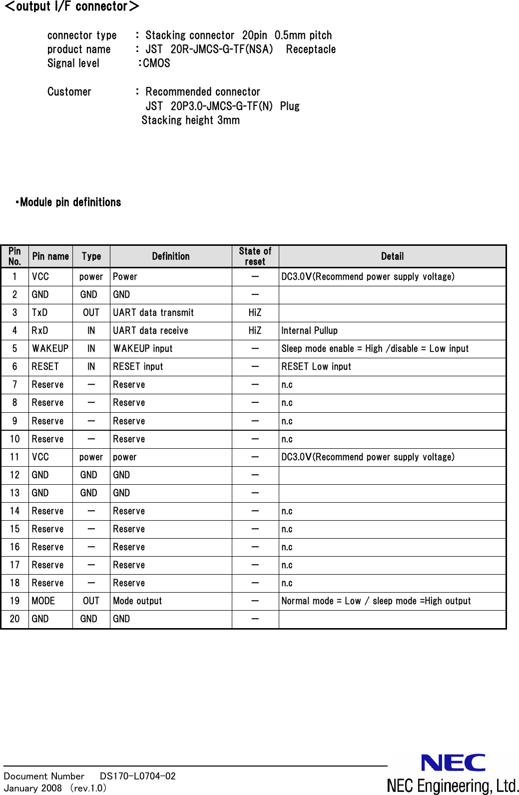 Document Number   DS170-L0704-02            January 2008  （rev.1.0）  ＜output I/F connector＞    connector type  ：  Stacking connector  20pin  0.5mm pitch     product name  ：  JST  20R-JMCS-G-TF(NSA)   Receptacle Signal level       ：CMOS  Customer  ：  Recommended connector JST  20P3.0-JMCS-G-TF(N)  Plug              Stacking height 3mm     ・Module pin definitions   Pin No.  Pin name  Type  Definition  State of reset  Detail 1  VCC  power  Power  －  DC3.0Ｖ(Recommend power supply voltage)     2  GND  GND  GND  －   3  TxD  OUT  UART data transmit  HiZ   4  RxD  IN  UART data receive  HiZ  Internal Pullup 5  WAKEUP  IN  WAKEUP input  －  Sleep mode enable = High /disable = Low input 6  RESET  IN  RESET input  －  RESET Low input 7  Reserve  －  Reserve  －  n.c 8  Reserve  －  Reserve  －  n.c 9  Reserve  －  Reserve  －  n.c 10  Reserve  －  Reserve  －  n.c 11  VCC  power  power  －  DC3.0Ｖ(Recommend power supply voltage)     12  GND  GND  GND  －   13  GND  GND  GND  －   14  Reserve  －  Reserve  －  n.c 15  Reserve  －  Reserve  －  n.c 16  Reserve  －  Reserve  －  n.c 17  Reserve  －  Reserve  －  n.c 18  Reserve  －  Reserve  －  n.c 19  MODE  OUT  Mode output  －  Normal mode = Low / sleep mode =High output 20  GND  GND  GND  －           