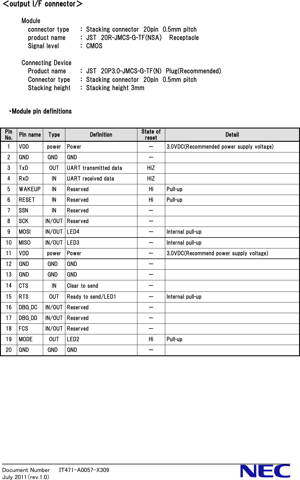 Document Number   ＩＴ471-A0057-X309           July 2011（rev.1.0） ＜output I/F connector＞         Module   connector type  ：  Stacking connector  20pin  0.5mm pitch     product name  ：  JST  20R-JMCS-G-TF(NSA)   Receptacle Signal level  ：  CMOS  Connecting Device Product name  ：  JST  20P3.0-JMCS-G-TF(N)  Plug(Recommended) Connector type     ：  Stacking connector  20pin  0.5mm pitch Stacking height  ：  Stacking height 3mm  ・Module pin definitions  Pin No.  Pin name  Type  Definition  State of reset  Detail 1  VDD  power  Power  －  3.0VDC(Recommended power supply voltage)     2  GND  GND  GND  －   3  TxD  OUT  UART transmitted data  HiZ   4  RxD  IN  UART received data  HiZ   5  WAKEUP  IN  Reserved  Hi  Pull-up 6  RESET  IN  Reserved  Hi  Pull-up 7  SSN  IN  Reserved  －   8  SCK  IN/OUT  Reserved  －   9  MOSI  IN/OUT  LED4  －  Internal pull-up 10  MISO  IN/OUT  LED3  －  Internal pull-up 11  VDD  power  Power  －  3.0VDC(Recommend power supply voltage)     12  GND  GND  GND  －   13  GND  GND  GND  －   14  CTS  IN  Clear to send  －   15  RTS  OUT  Ready to send/LED1  －  Internal pull-up 16  DBG_DC  IN/OUT  Reserved  －   17  DBG_DD  IN/OUT  Reserved  －   18  FCS  IN/OUT  Reserved  －   19  MODE  OUT  LED2  Hi  Pull-up 20  GND  GND  GND  －              