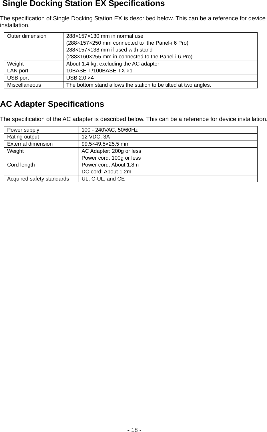 - 18 -  Single Docking Station EX Specifications The specification of Single Docking Station EX is described below. This can be a reference for device installation. 288×157×130 mm in normal use (288×157×250 mm connected to  the Panel-i 6 Pro) Outer dimension 288×157×138 mm if used with stand (288×160×255 mm in connected to the Panel-i 6 Pro) Weight  About 1.4 kg, excluding the AC adapter LAN port  10BASE-T/100BASE-TX ×1 USB port  USB 2.0 ×4 Miscellaneous  The bottom stand allows the station to be tilted at two angles.  AC Adapter Specifications The specification of the AC adapter is described below. This can be a reference for device installation. Power supply  100 - 240VAC, 50/60Hz Rating output  12 VDC, 3A External dimension  99.5×49.5×25.5 mm Weight  AC Adapter: 200g or less Power cord: 100g or less Cord length  Power cord: About 1.8m DC cord: About 1.2m Acquired safety standards  UL, C-UL, and CE  